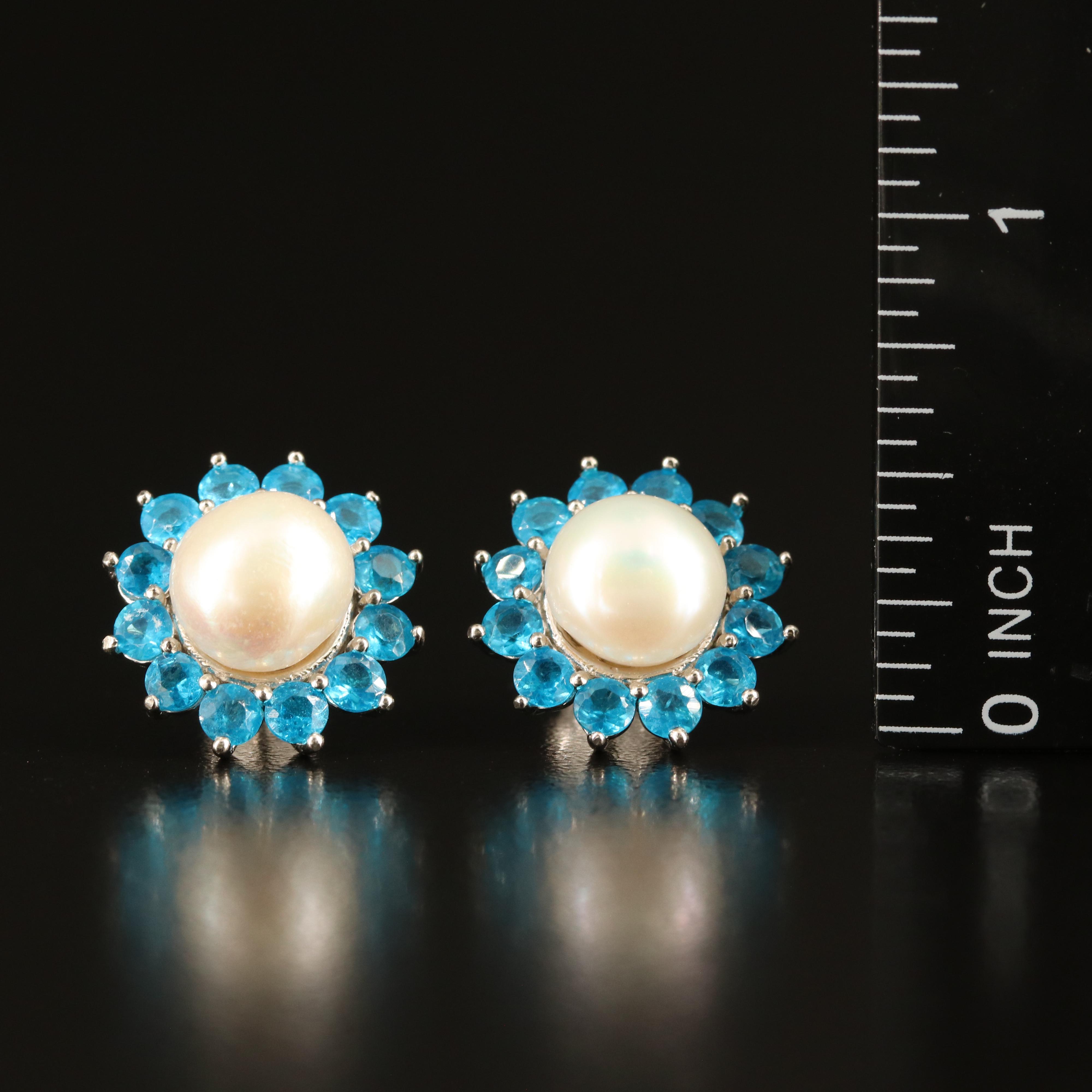 Sterling Pearl and Apatite Button Earrings