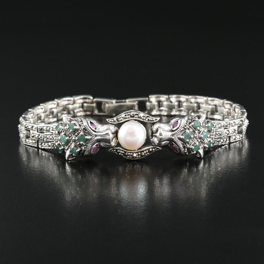 Sterling Leopard Bracelet Including Pearl, Ruby and Emerald