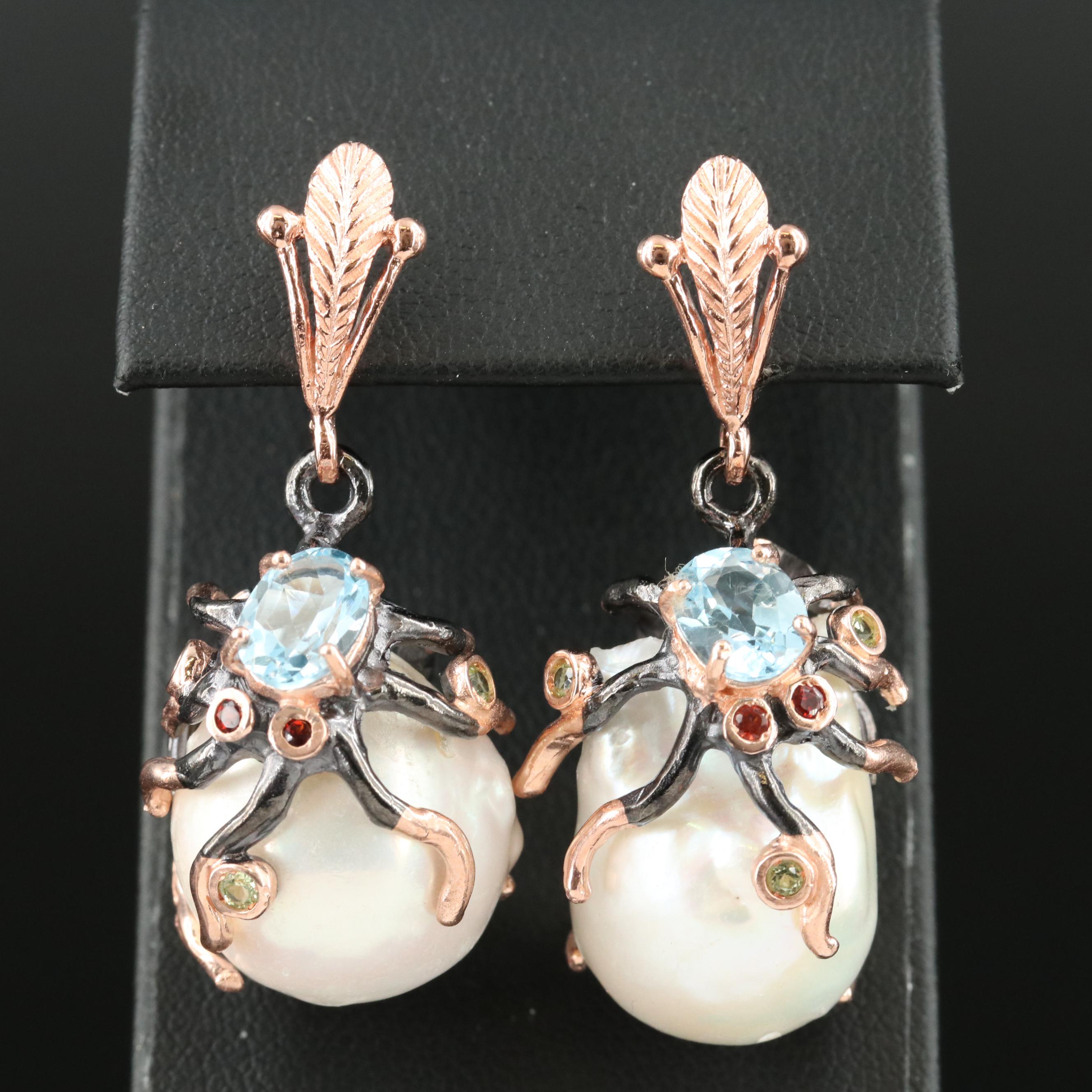Sterling Pearl and Gemstone Octopus Earrings