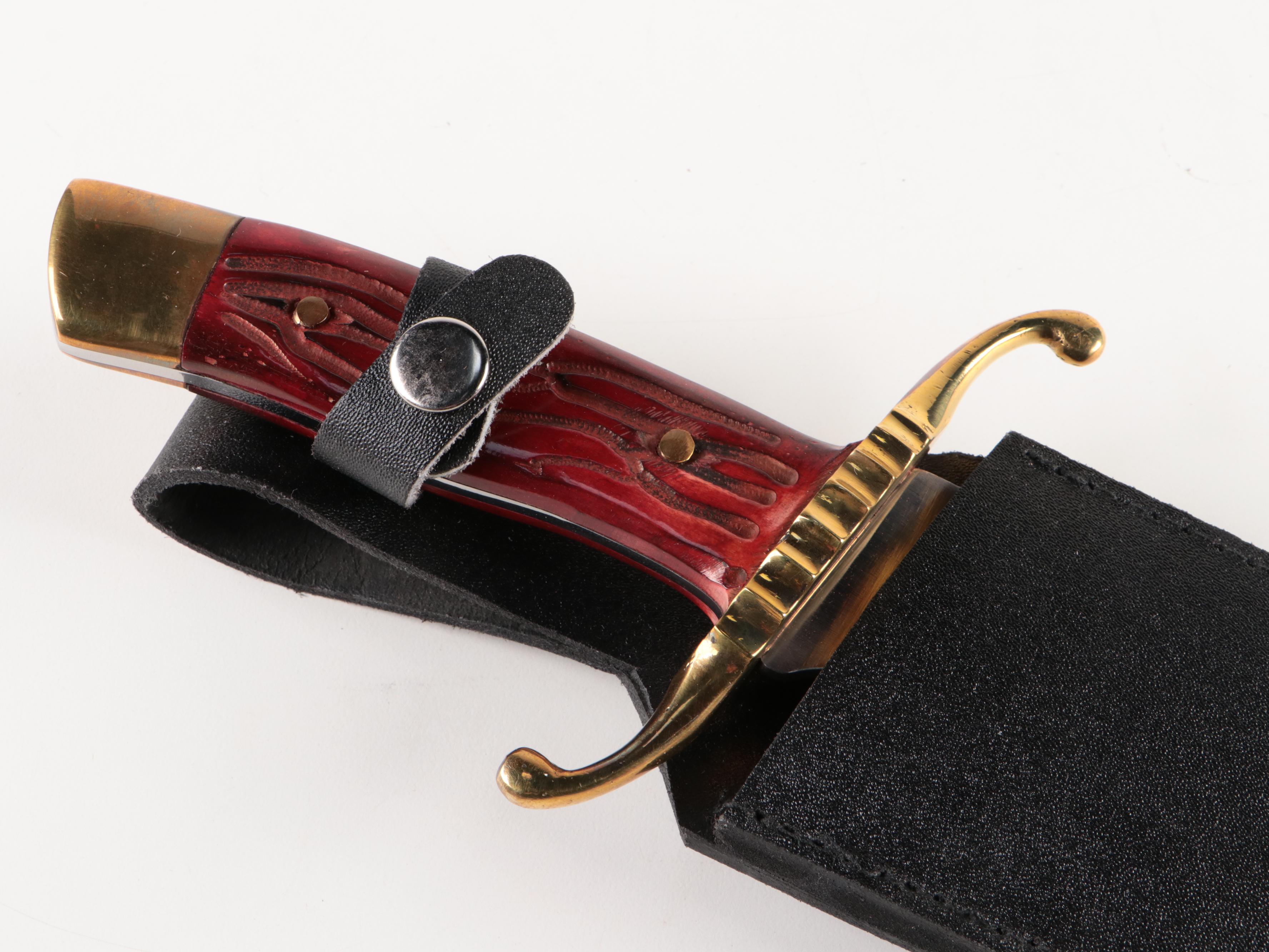 Stainless Steel Trailing Point Knife with Bonded Leather Sheath