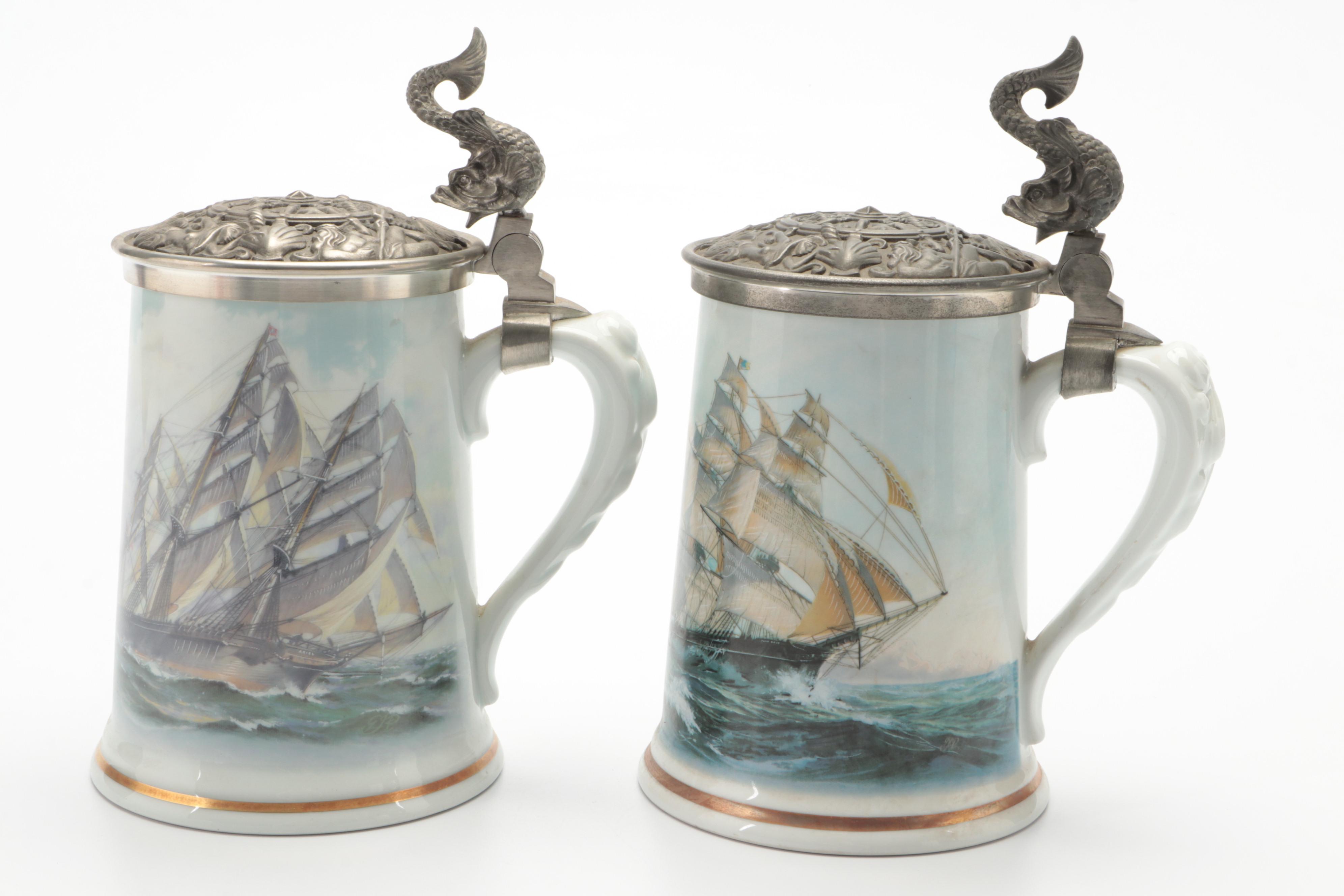 Haviland Limoges Clipper Ship Porcelain and Pewter Beer Steins