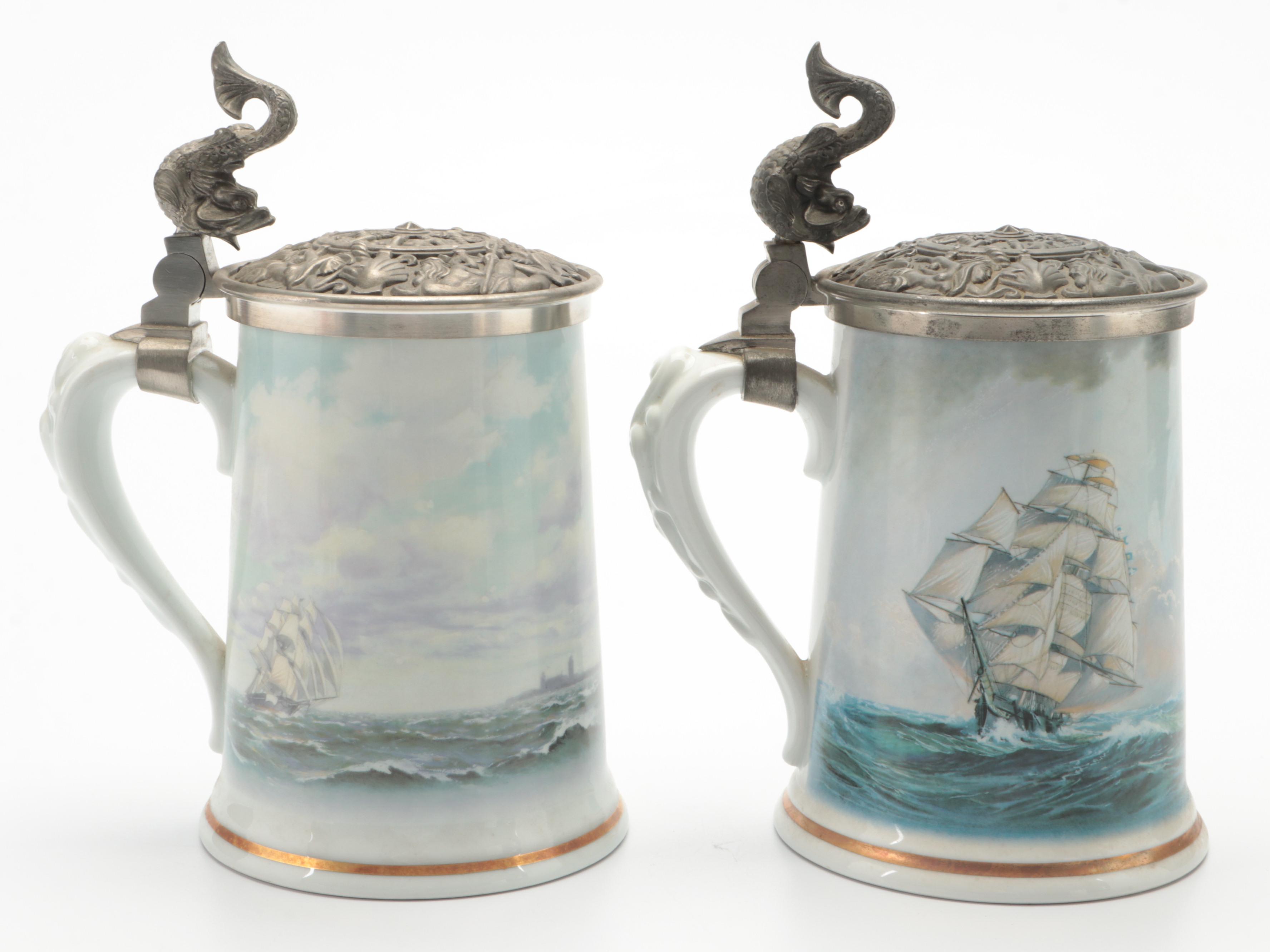 Haviland Limoges Clipper Ship Porcelain and Pewter Beer Steins