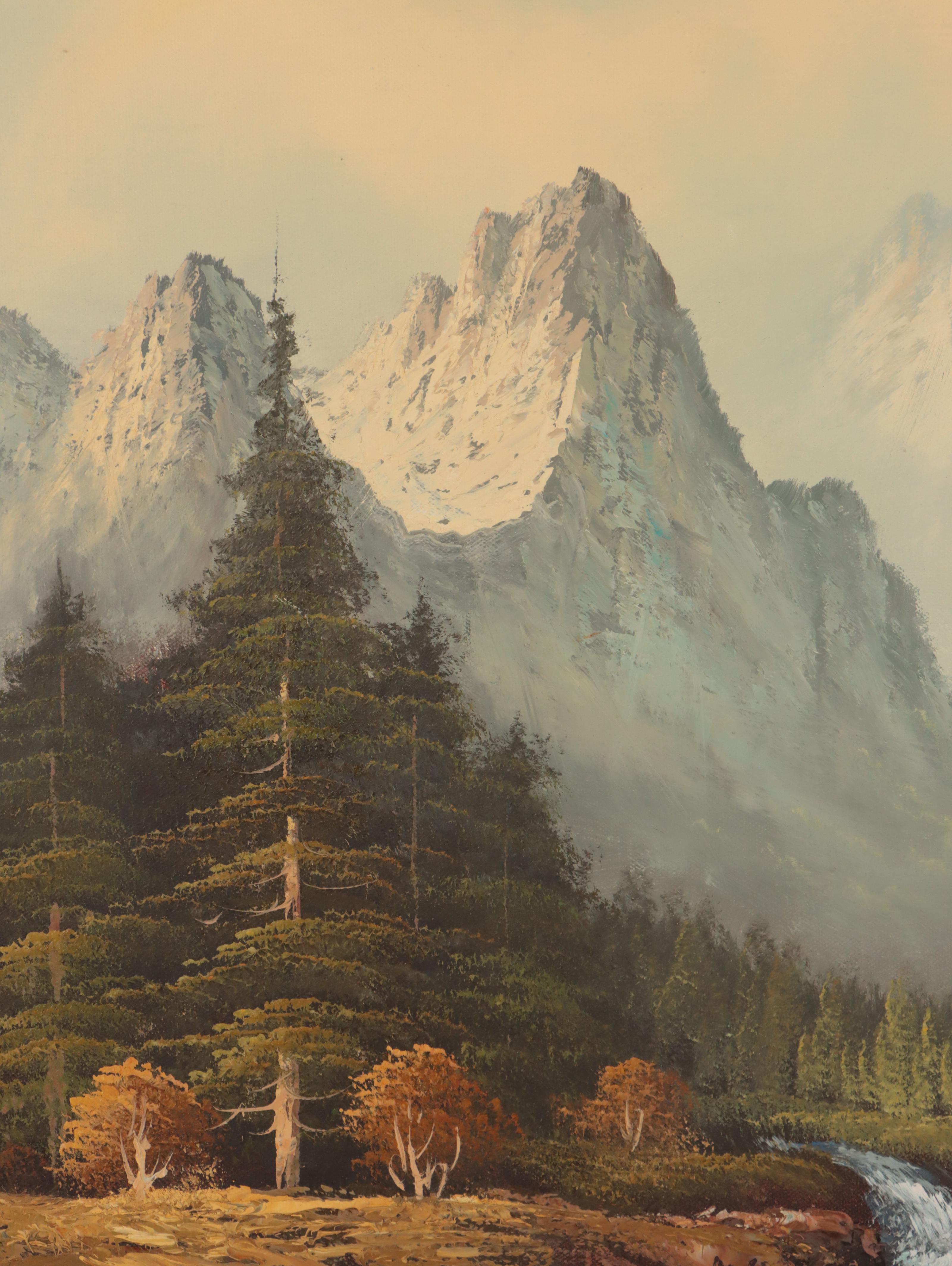 A. Foster Landscape Oil Painting of Mountains and Log Cabin