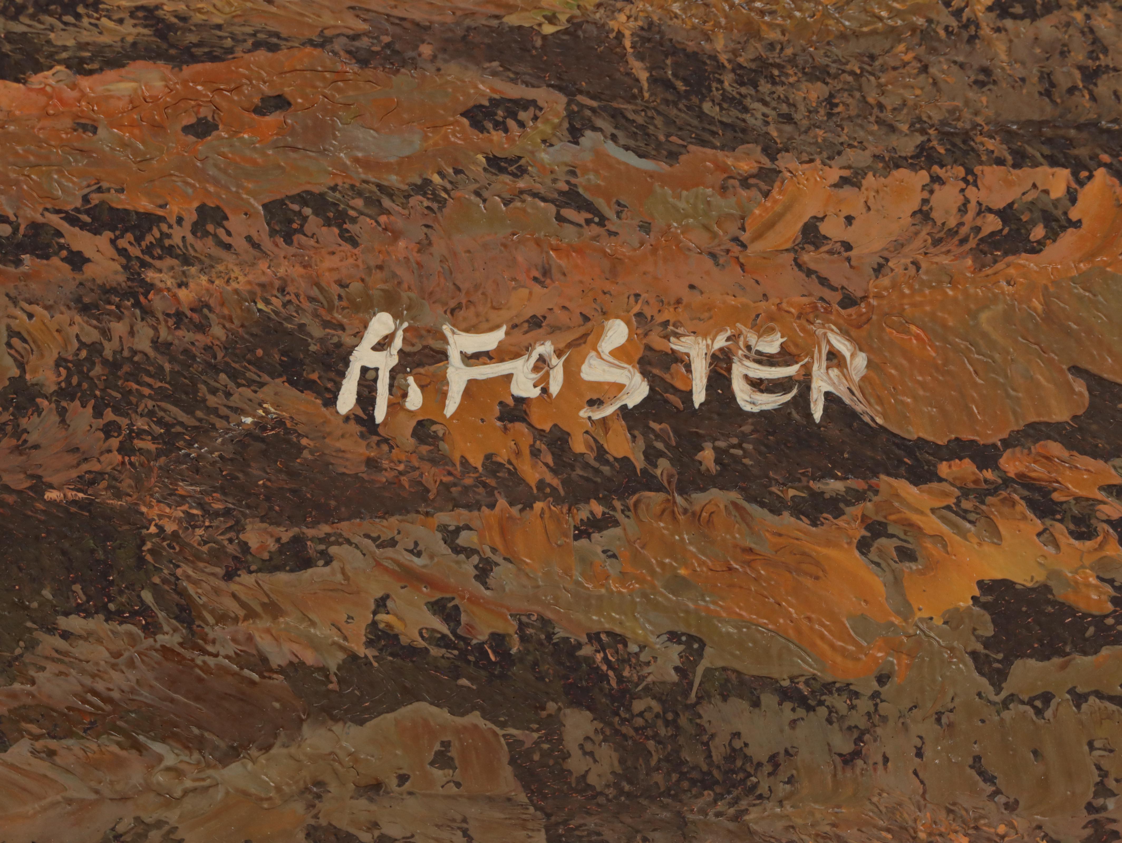 A. Foster Landscape Oil Painting of Mountains and Log Cabin