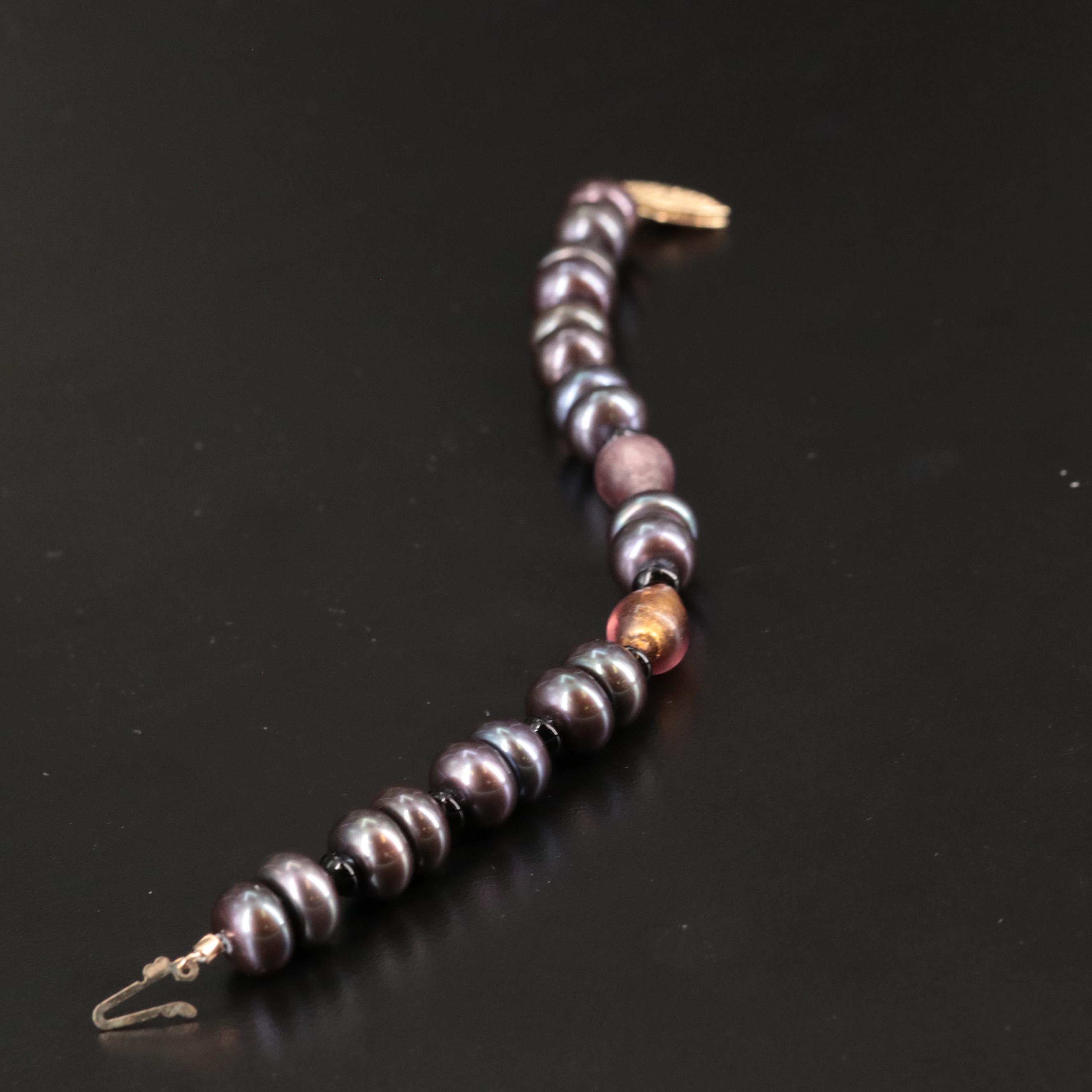 14K Cultured Pearl, Black Onyx, and Glass Bracelet