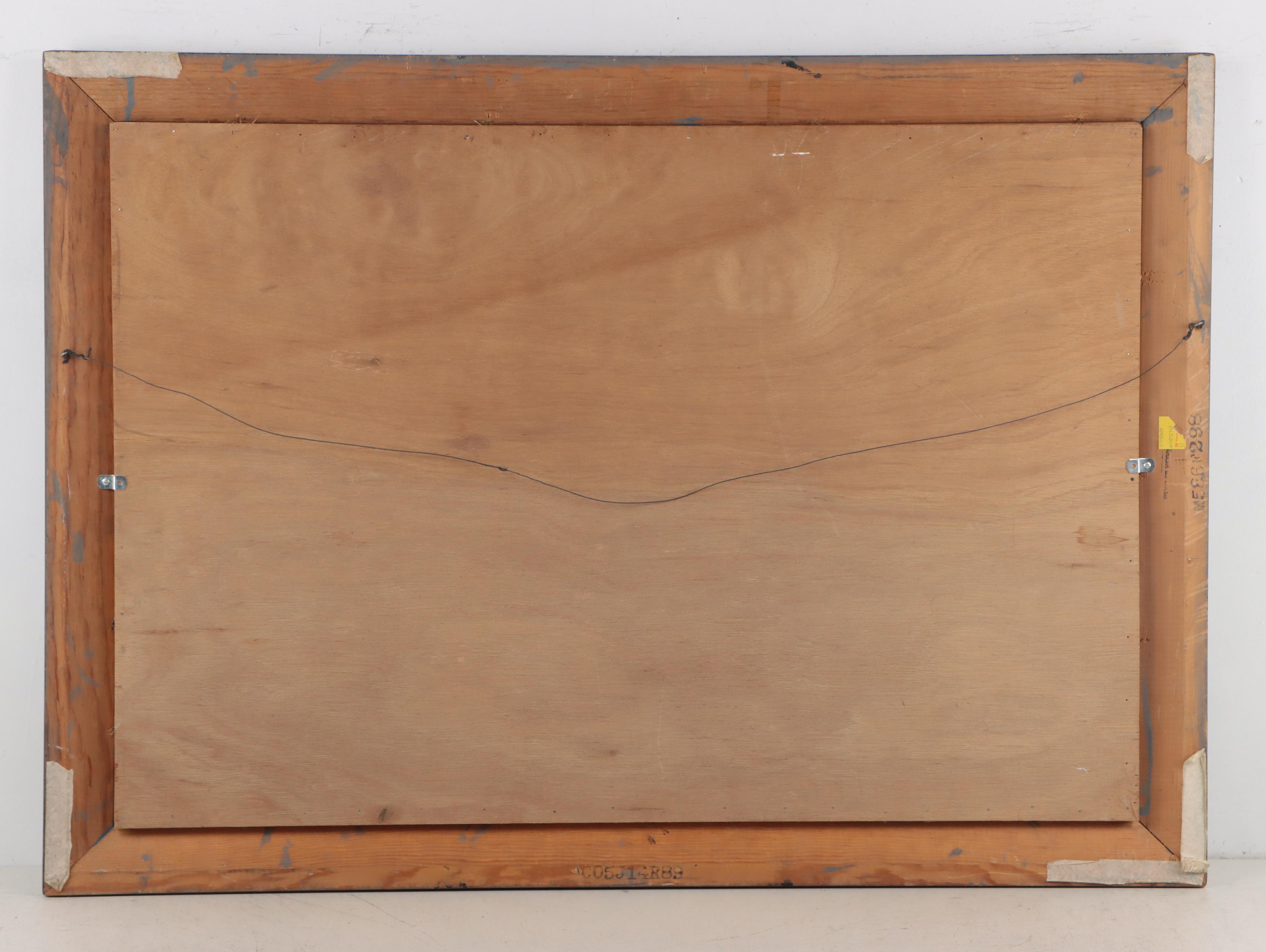 Thelma Dennis Stylized Floral Landscape With White Kitten Oil Painting, 1988