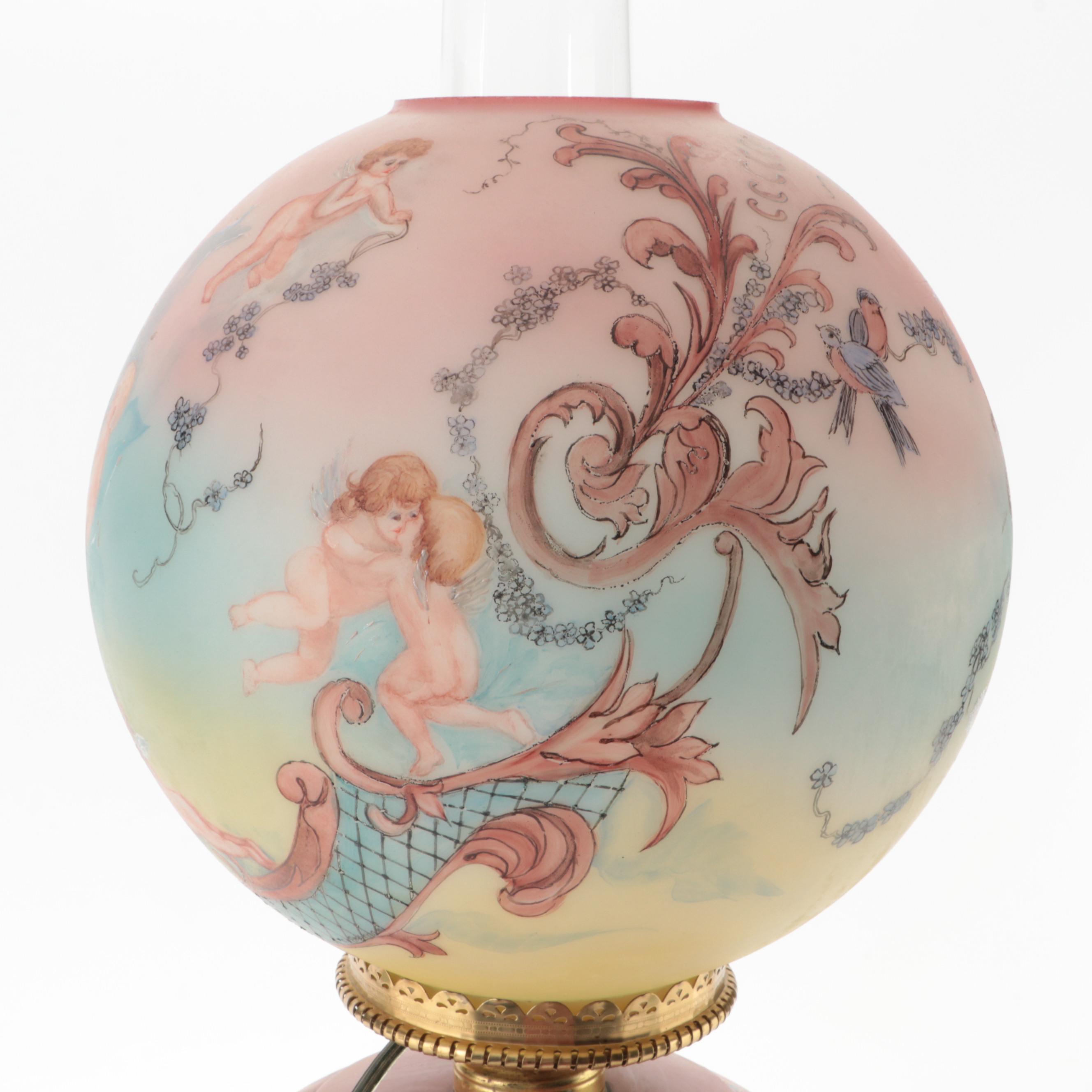 Baroque Style Hand-Painted Glass Parlor Table Lamp, Early to Mid-20th Century