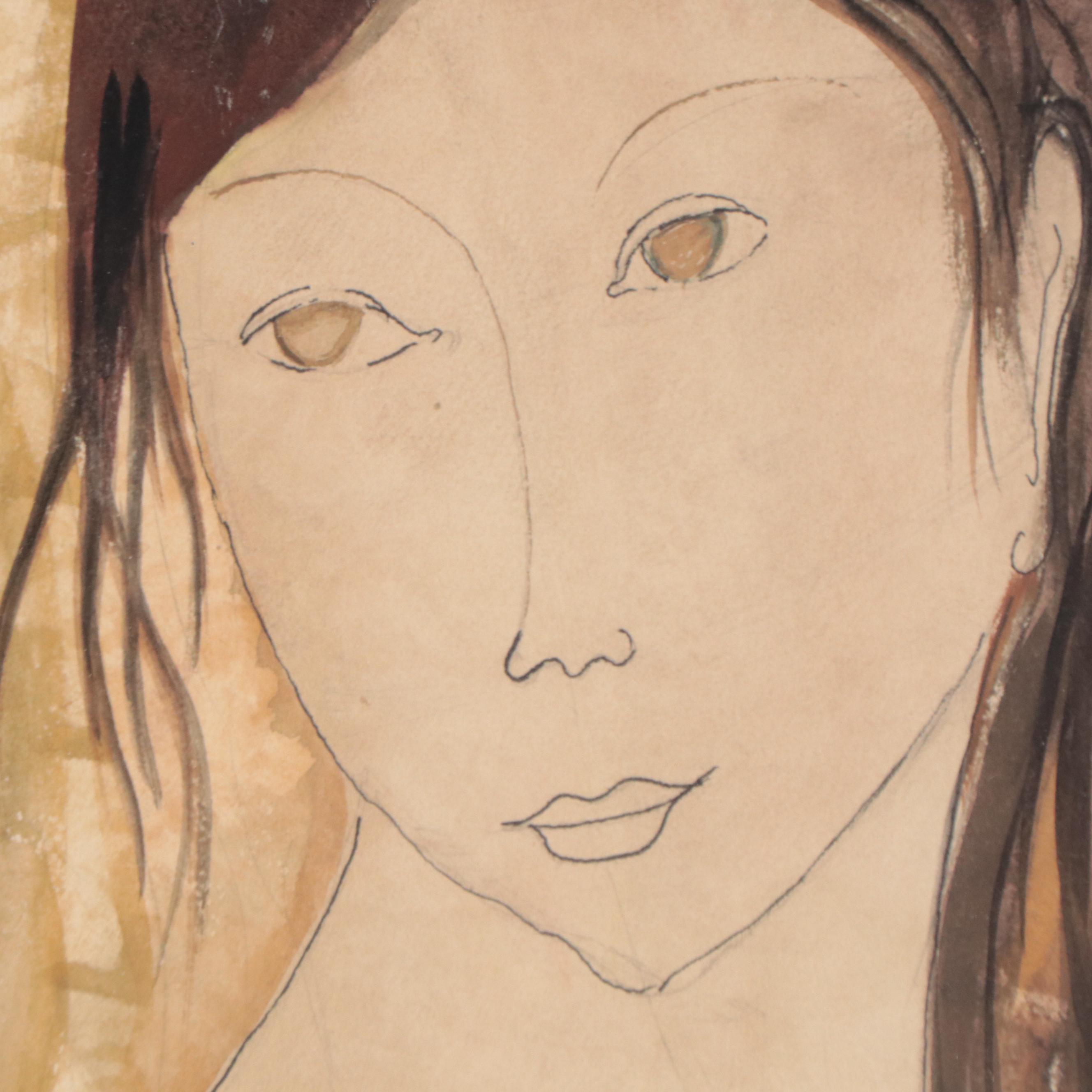 Modernist Portrait Ink and Watercolor Painting