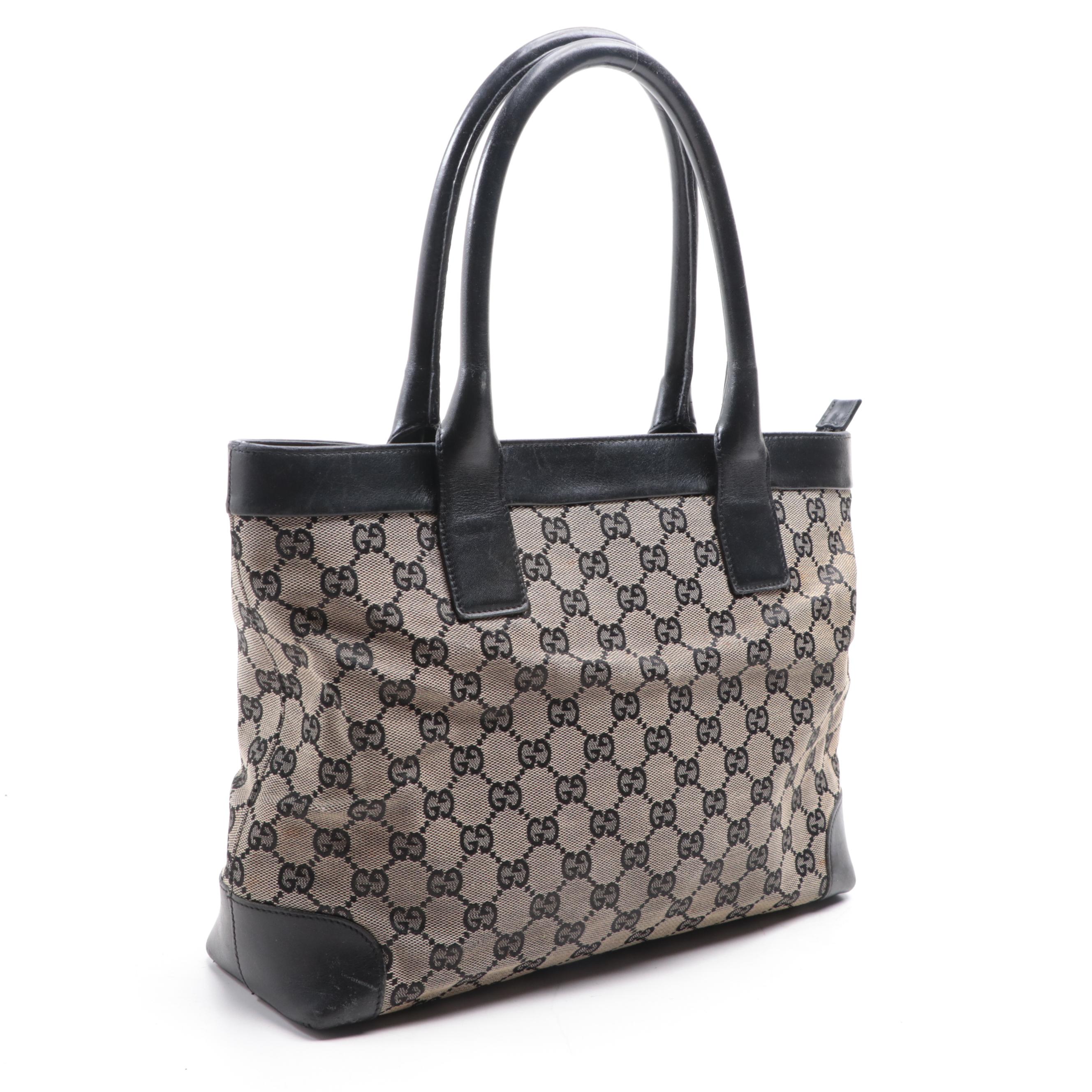 Gucci Tote Bag in GG Canvas with Black Leather Trim