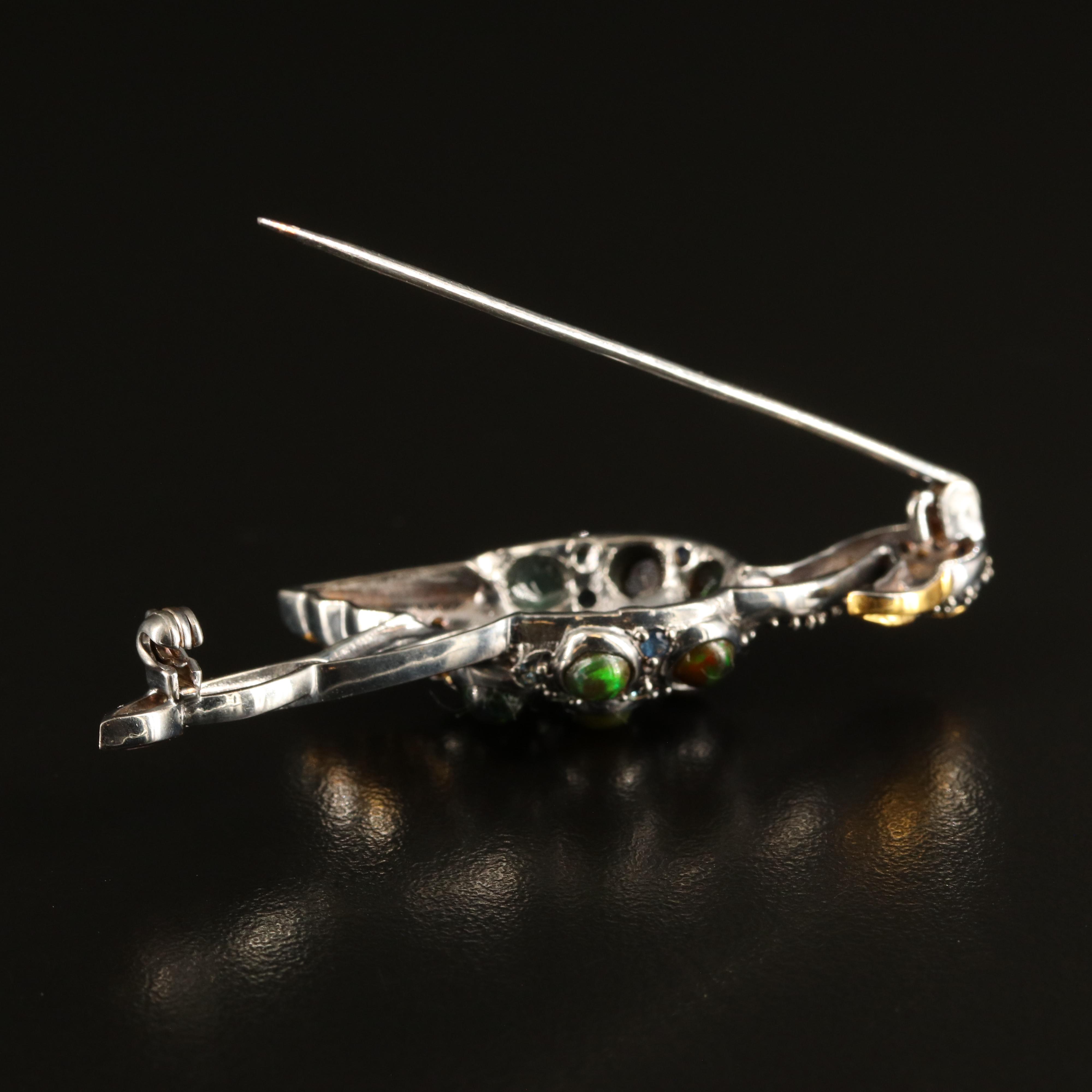 Sterling Opal and Sapphire Flamingo Brooch