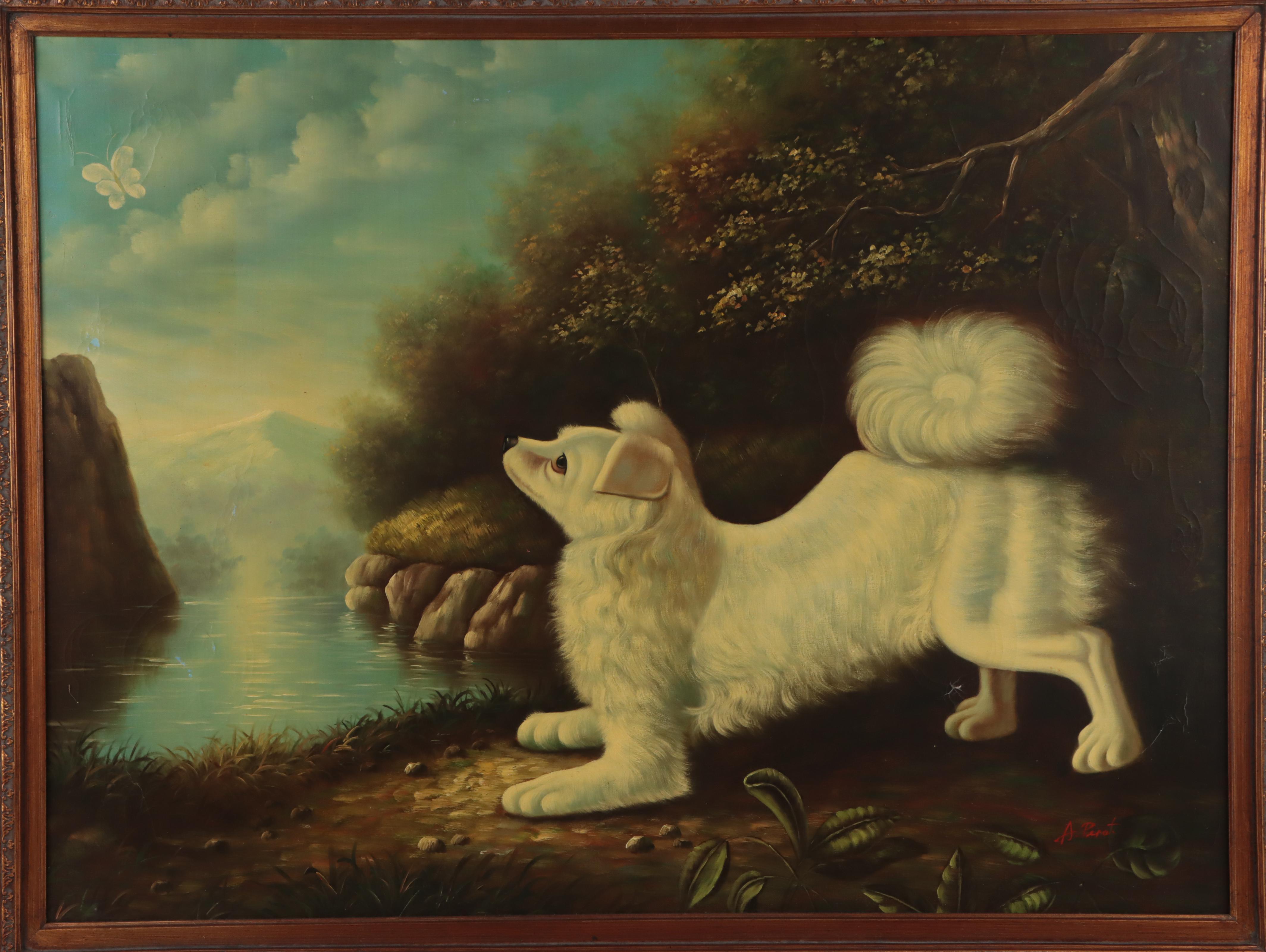 Oil Painting of White Dog in Landscape After George Stubbs