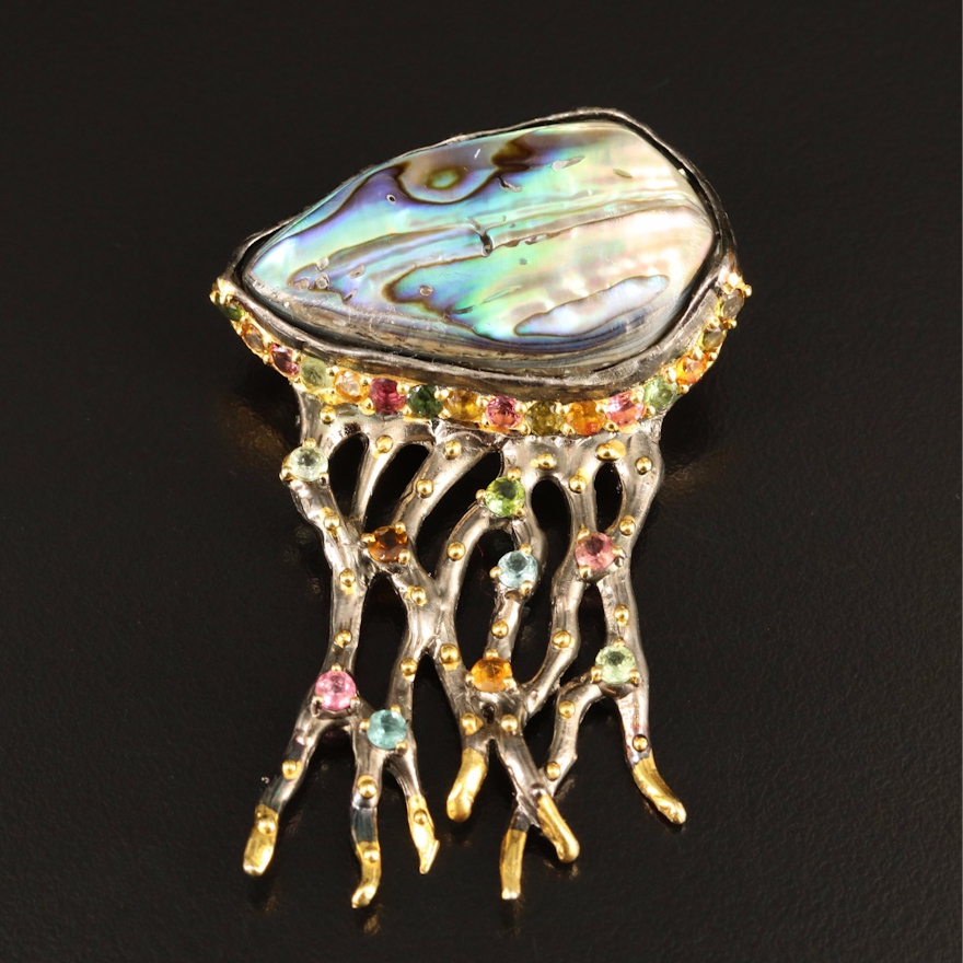 Sterling Abalone and Gemstone Jellyfish Brooch