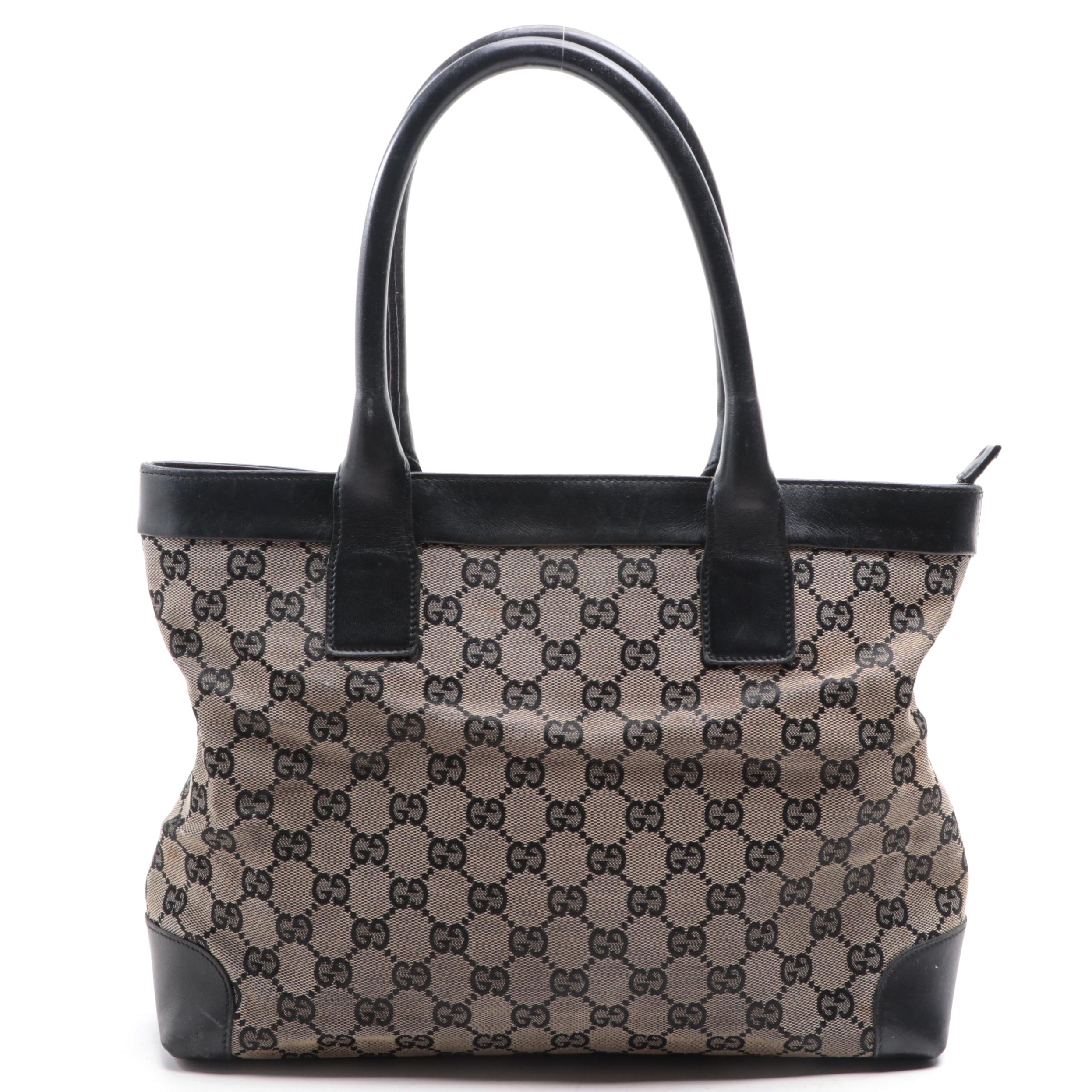 Gucci Tote Bag in GG Canvas with Black Leather Trim