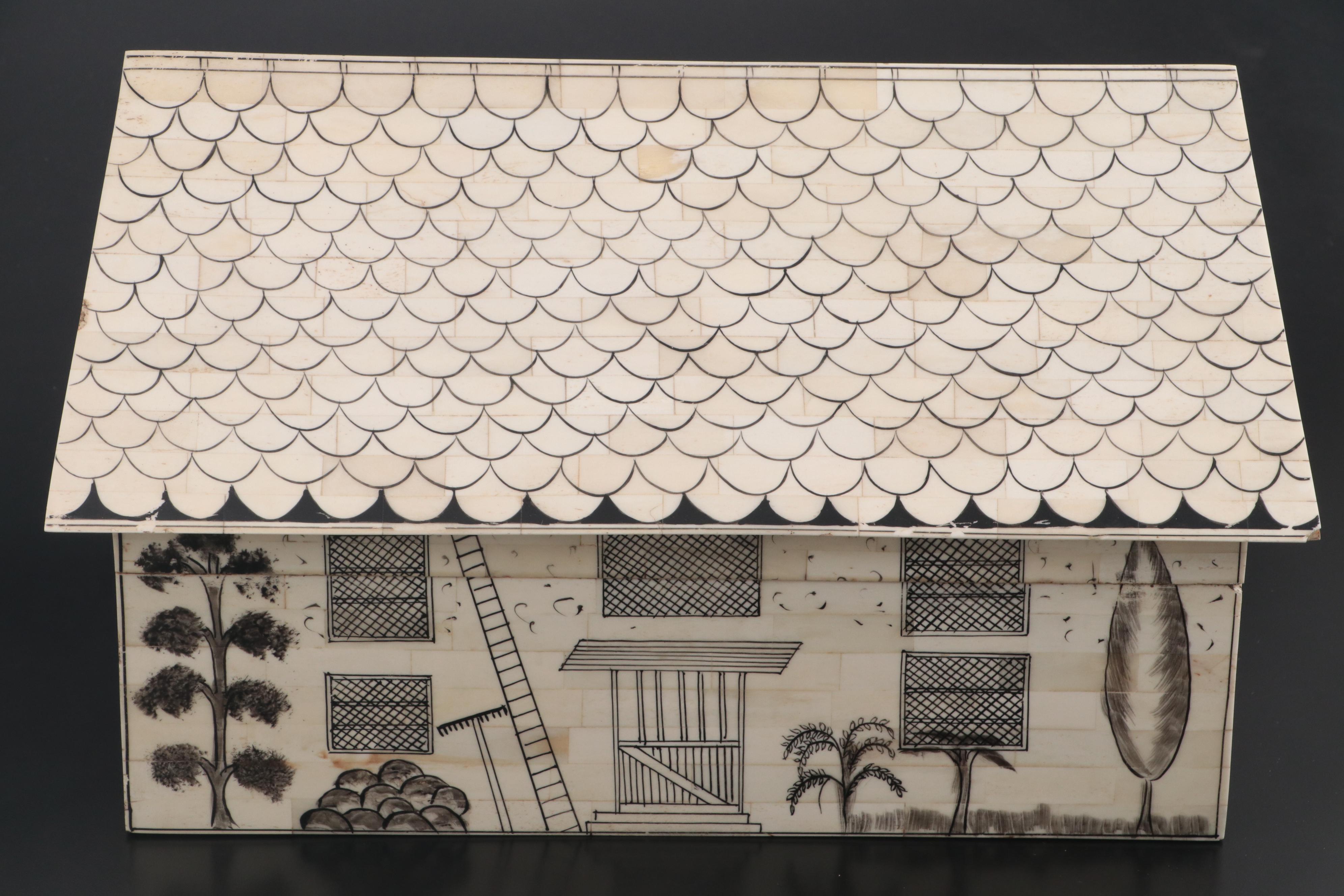 Hand-Painted Mosaic Bone Cottage Form Box