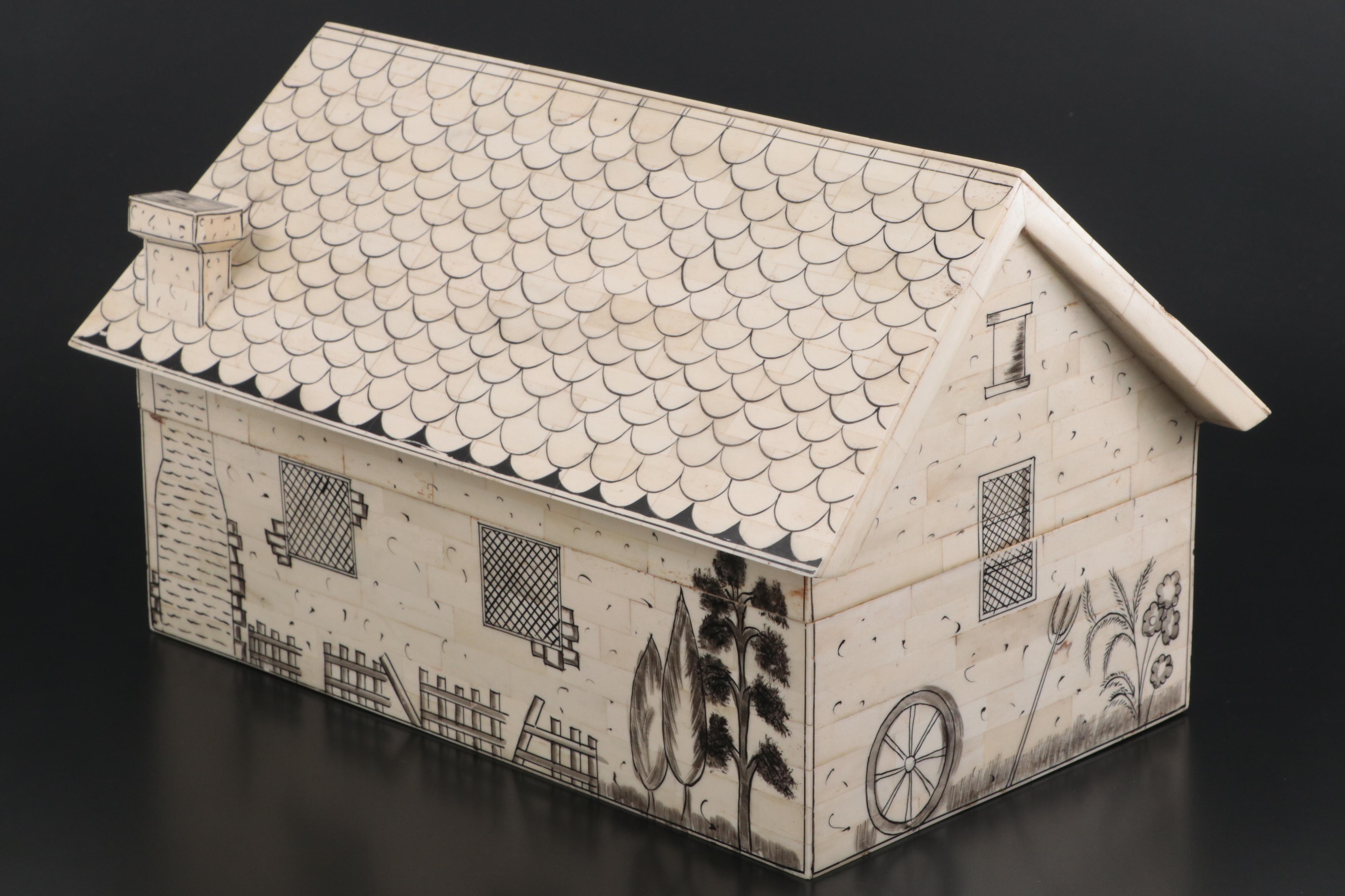 Hand-Painted Mosaic Bone Cottage Form Box