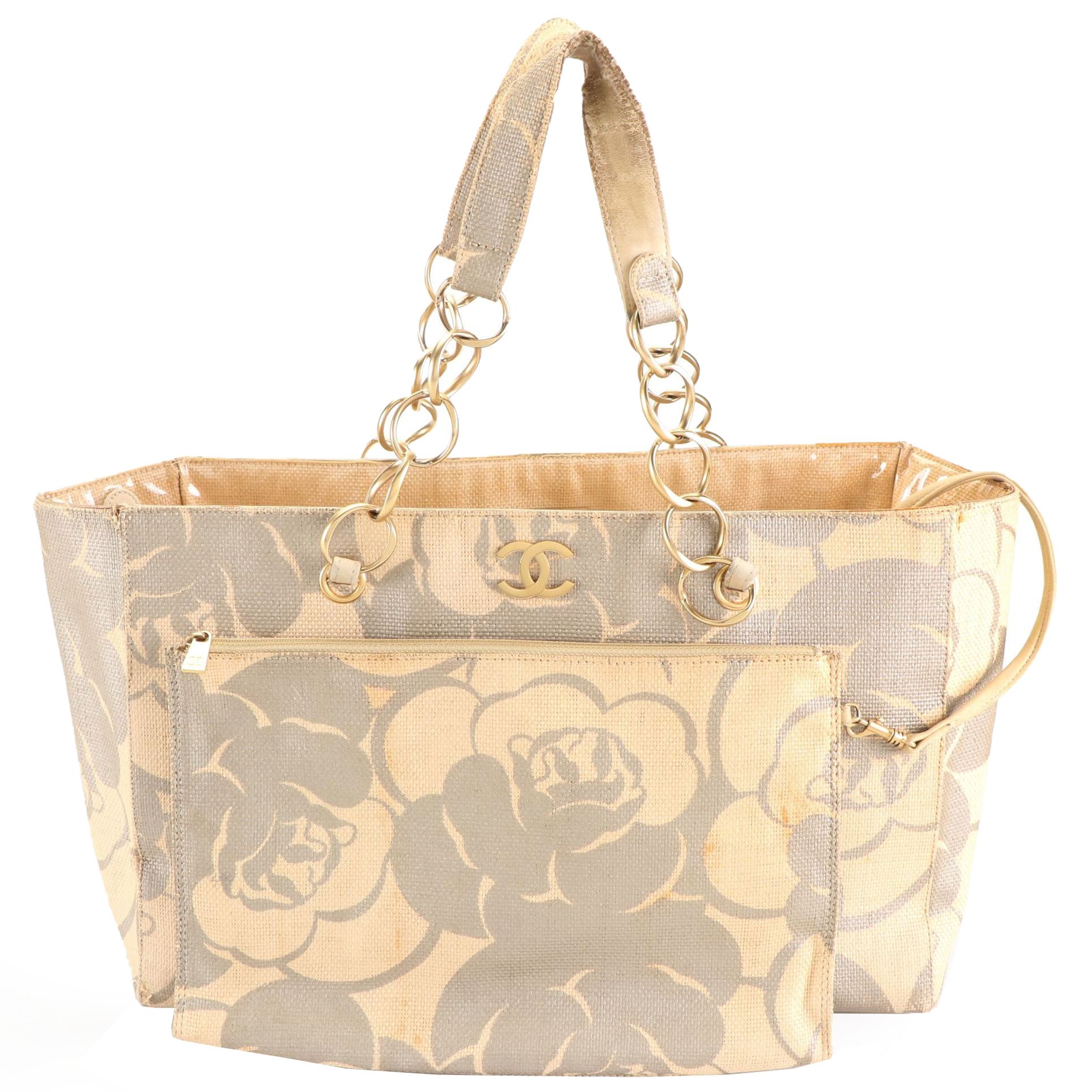 Chanel Camellia Woven Raffia CC Logo Tote Bag with Zip Pouch