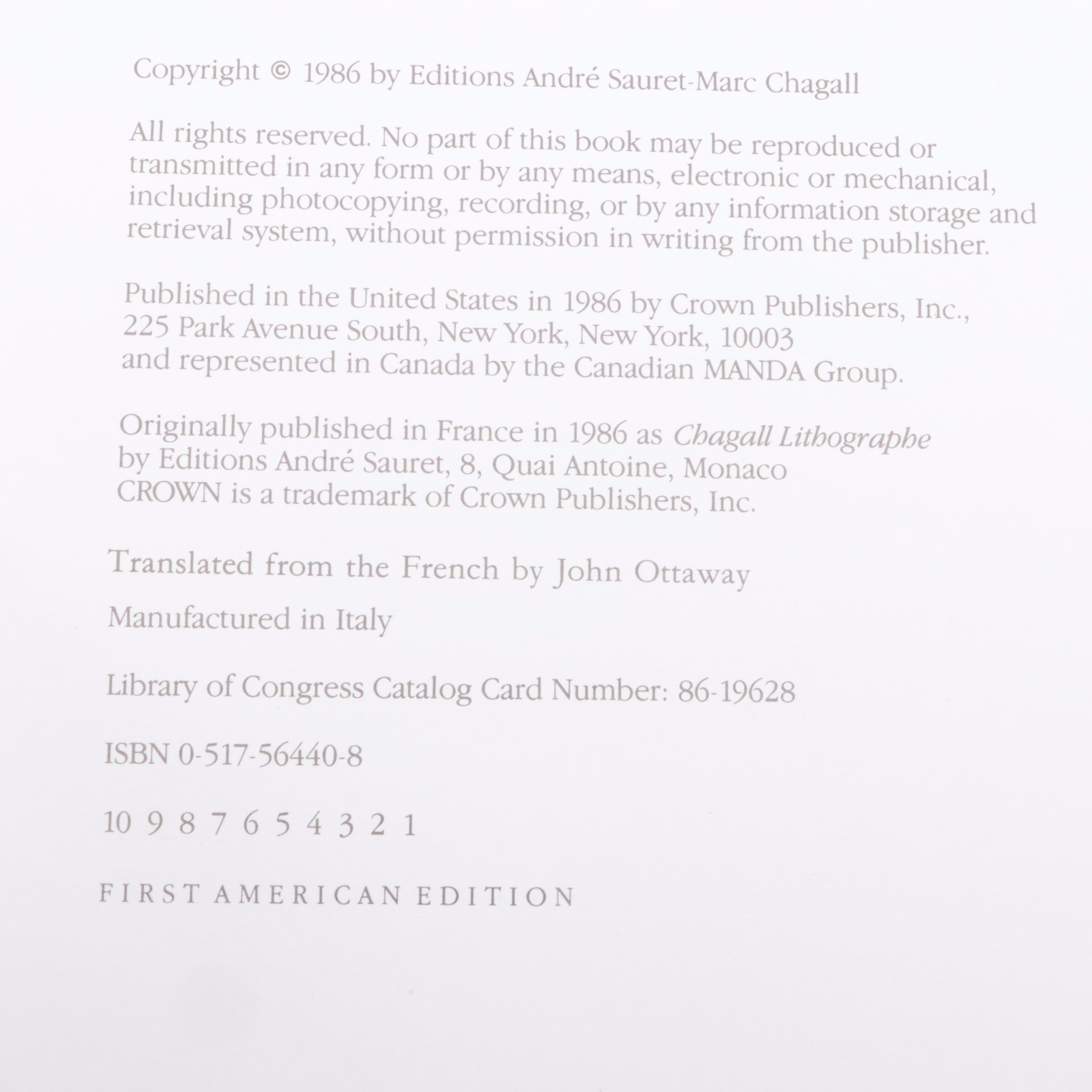 First American Edition "Chagall: Lithographs VI" by Charles Sorlier, 1986