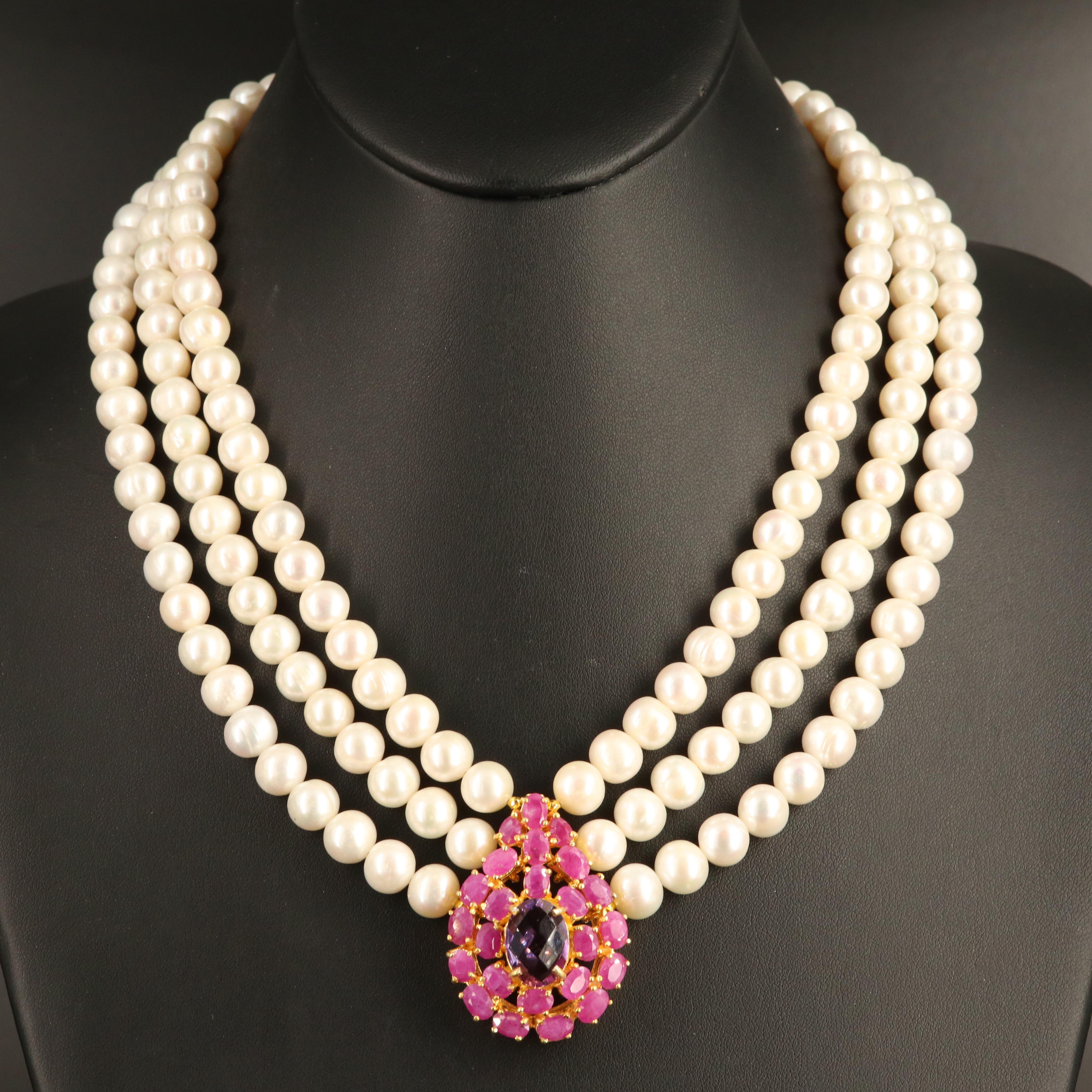 Sterling Pearl, Amethyst and Ruby Necklace