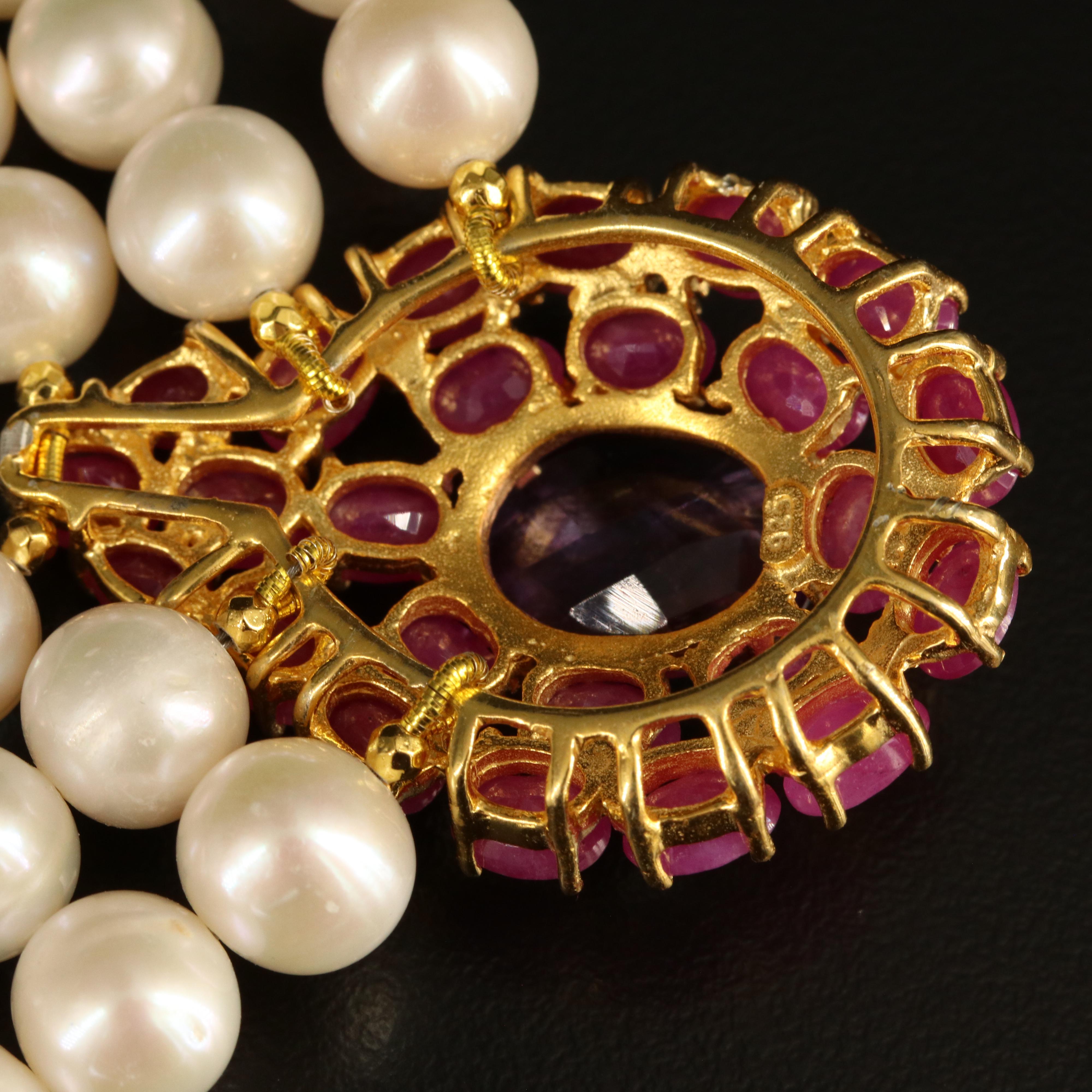 Sterling Pearl, Amethyst and Ruby Necklace