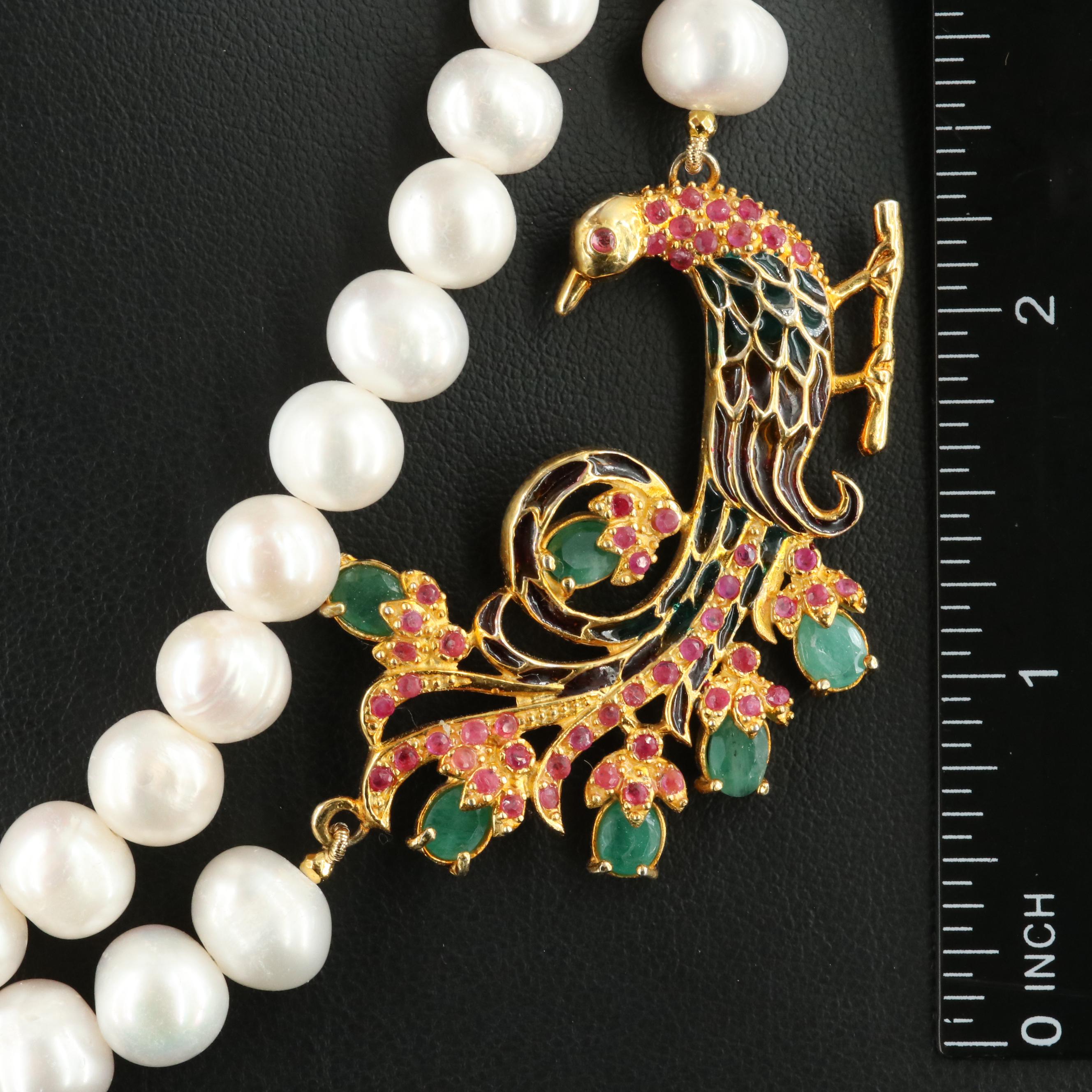 Sterling Pearl, Emerald and Ruby Necklace