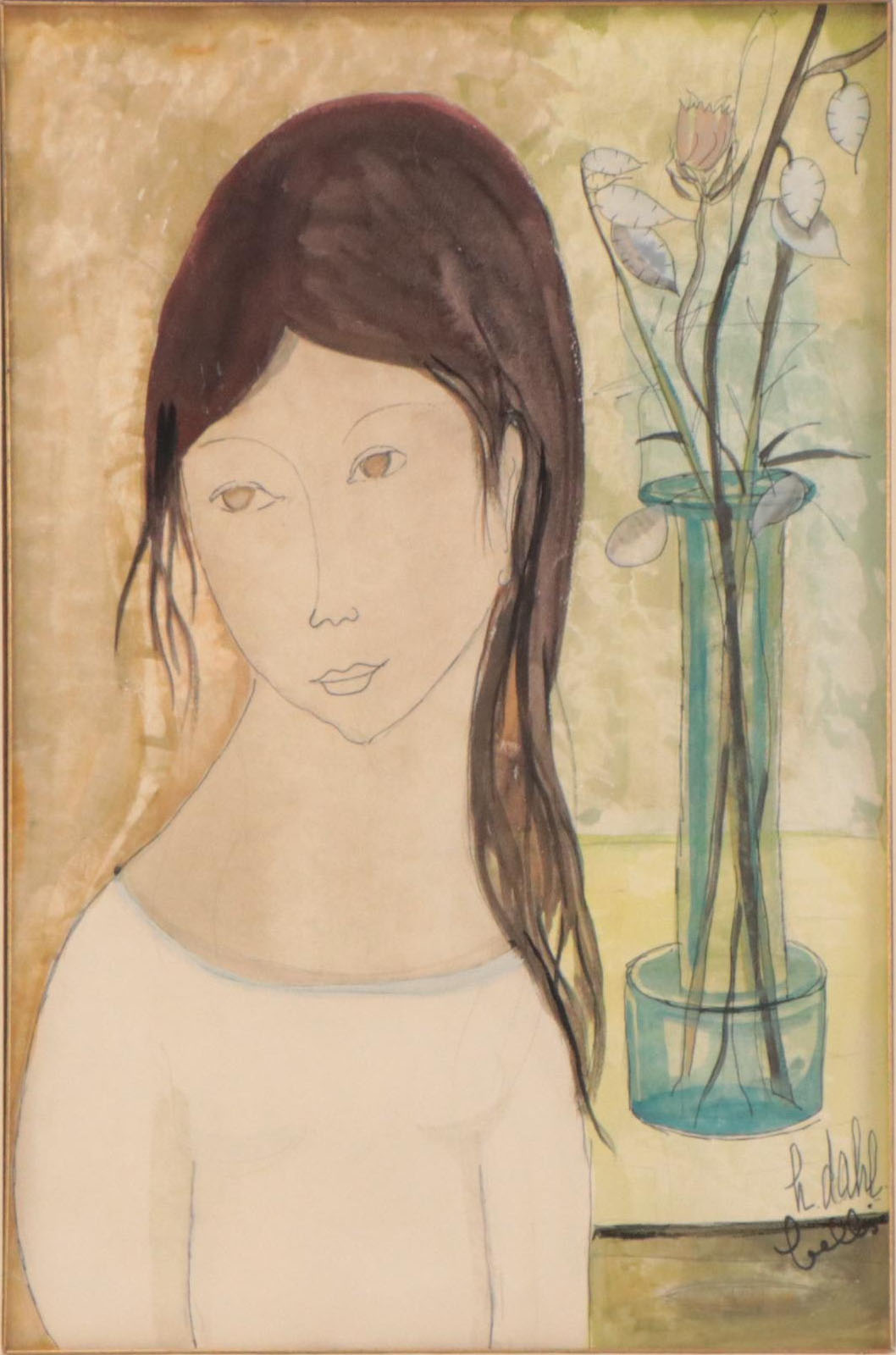 Modernist Portrait Ink and Watercolor Painting