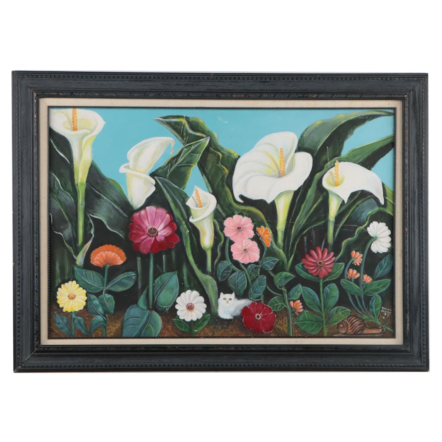 Thelma Dennis Stylized Floral Landscape With White Kitten Oil Painting, 1988