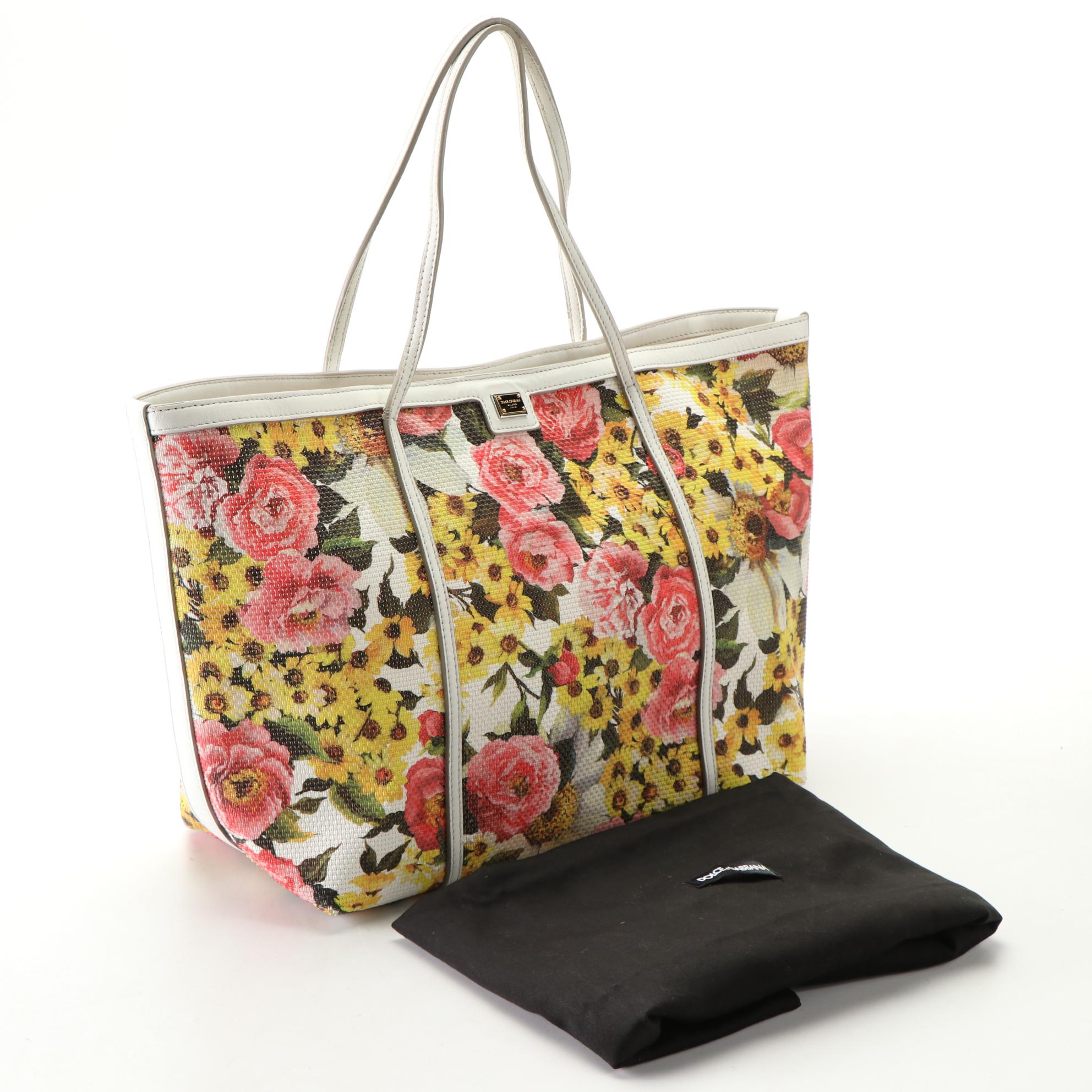 Dolce & Gabbana Floral Tote Bag with Leather Trim