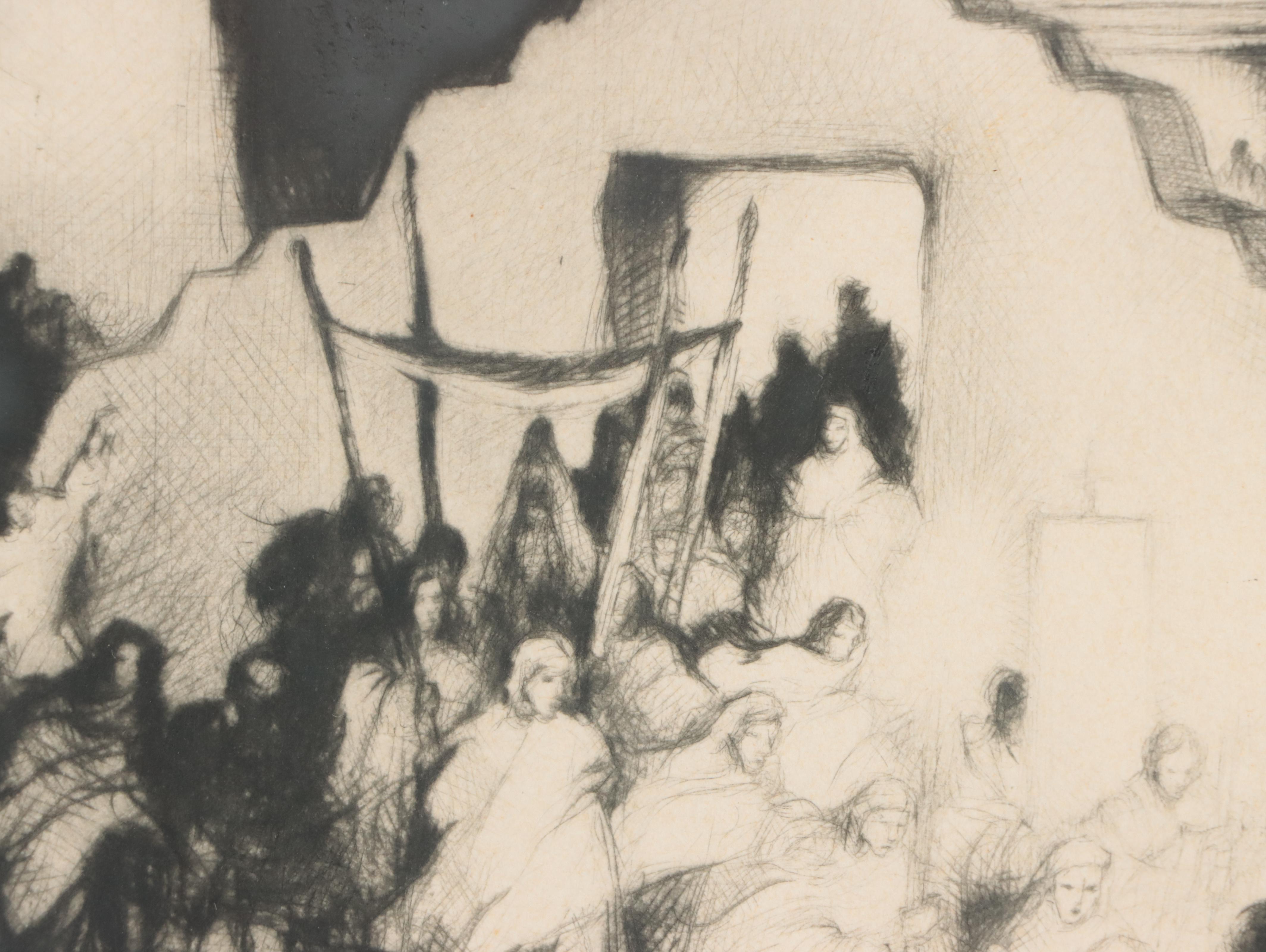 Gene Kloss Drypoint Etching "Christmas Processional at Taos II"