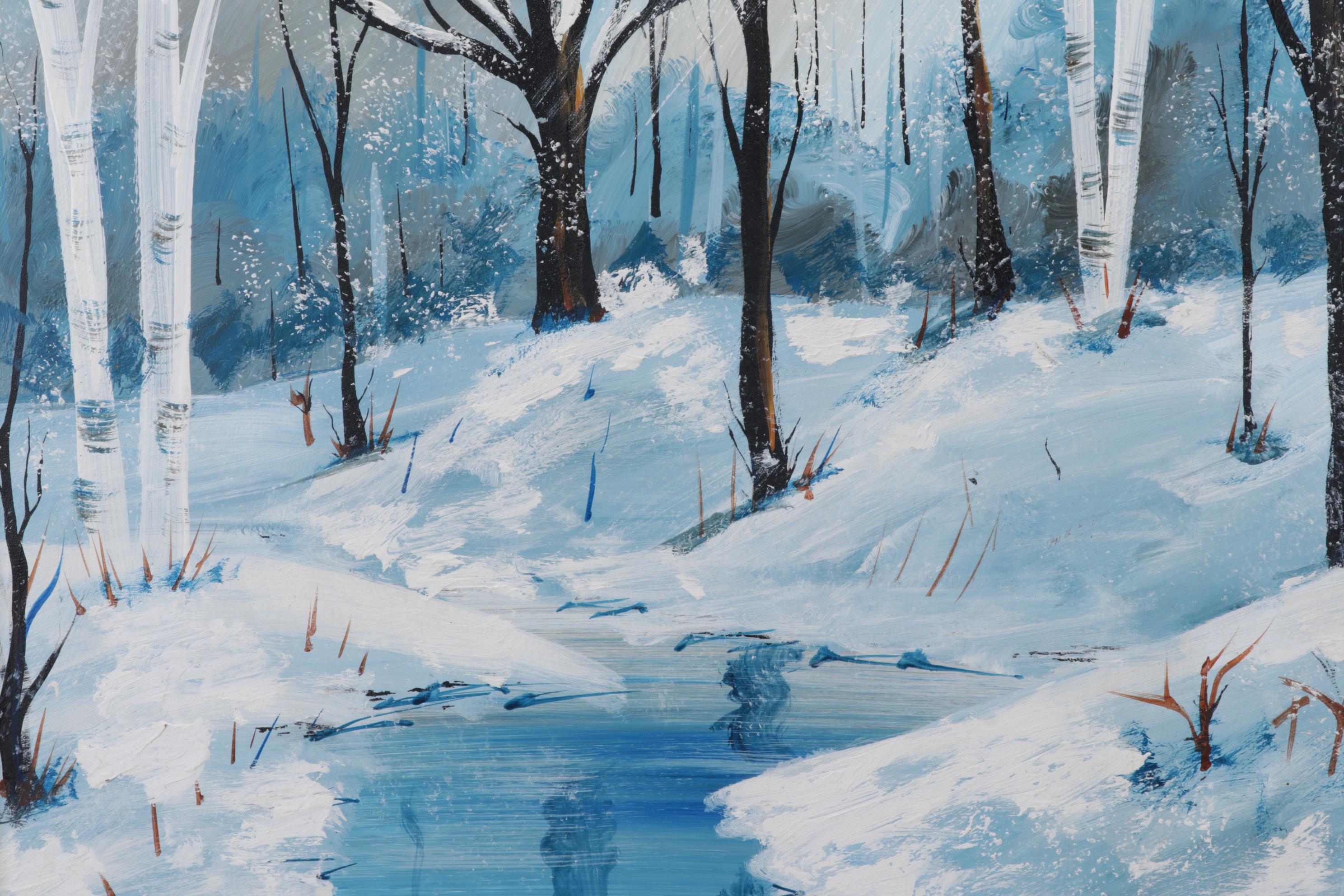 Vanguard Studios Acrylic Painting of Snowy Creekside, Late 20th Century