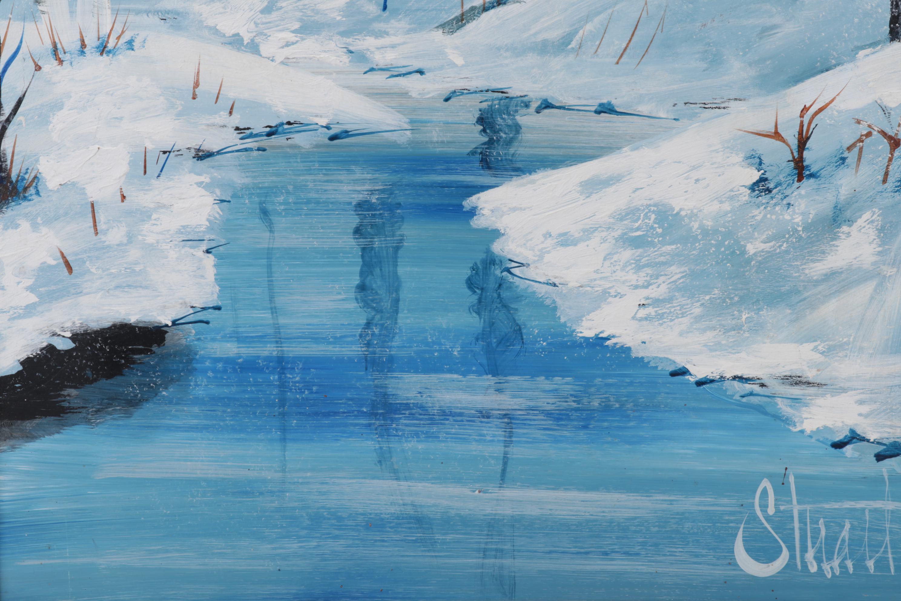 Vanguard Studios Acrylic Painting of Snowy Creekside, Late 20th Century