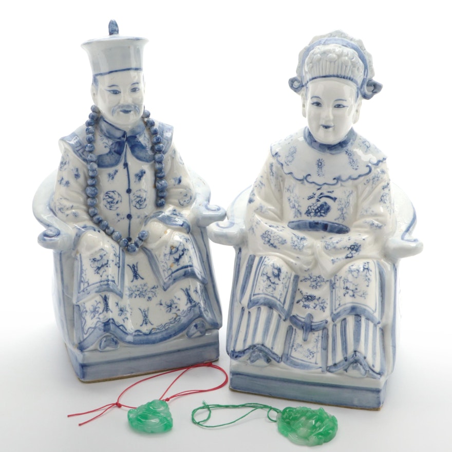 Chinese Blue on White Emperor and Empress with Budai Medallions
