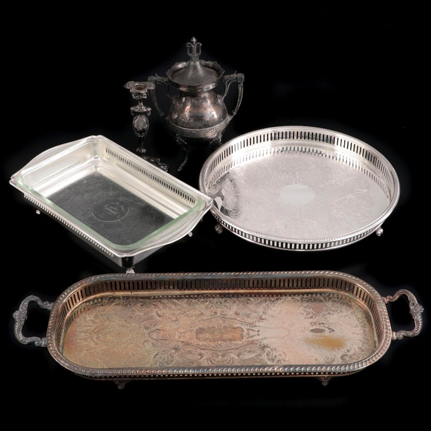 Silver Plate Gallery Trays with Casserole and Other Tableware, 20th Century