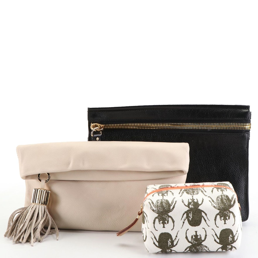 India Hicks Leather Zip Clutches with Canvas Cosmetic Zip Pouch