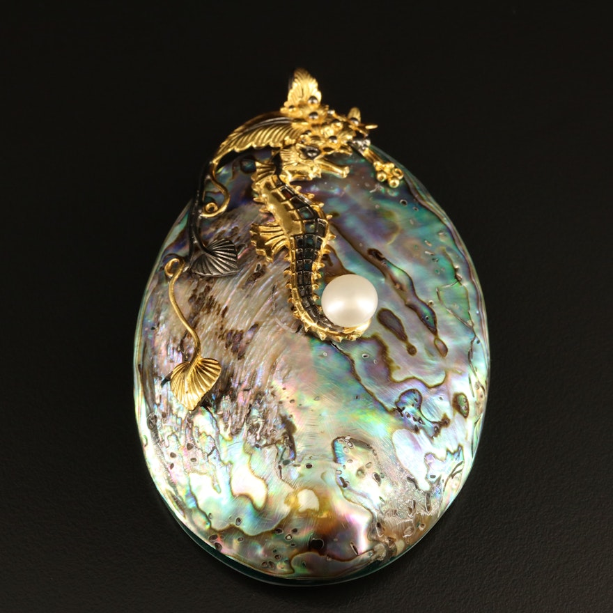 Sterling Abalone and Pearl Seahorse Pendant