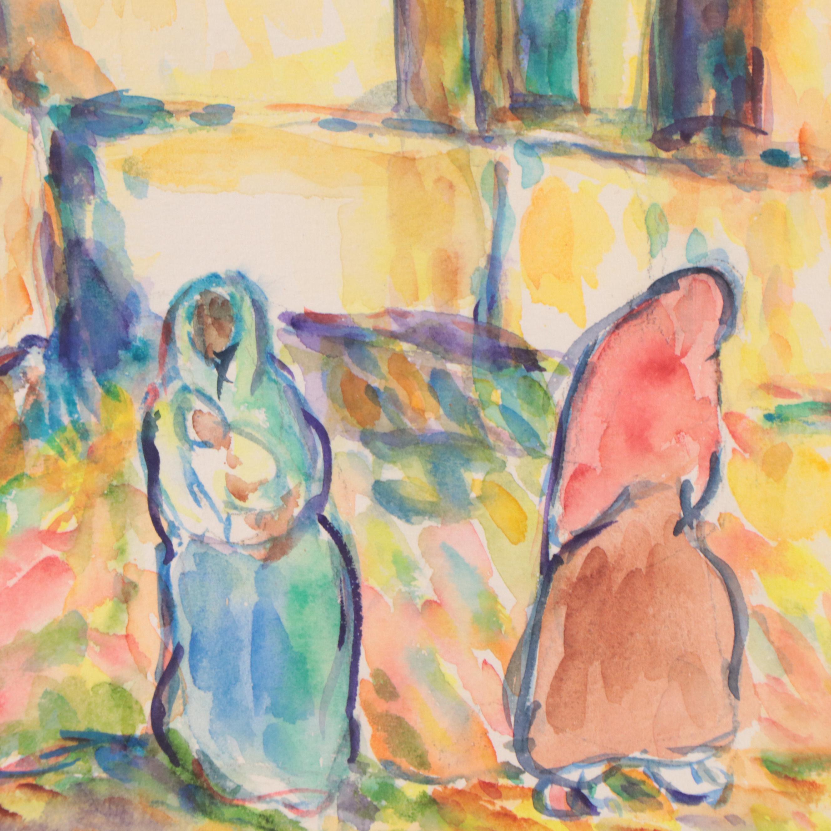 Alice Schille Watercolor Painting of Women with Pueblo Architecture