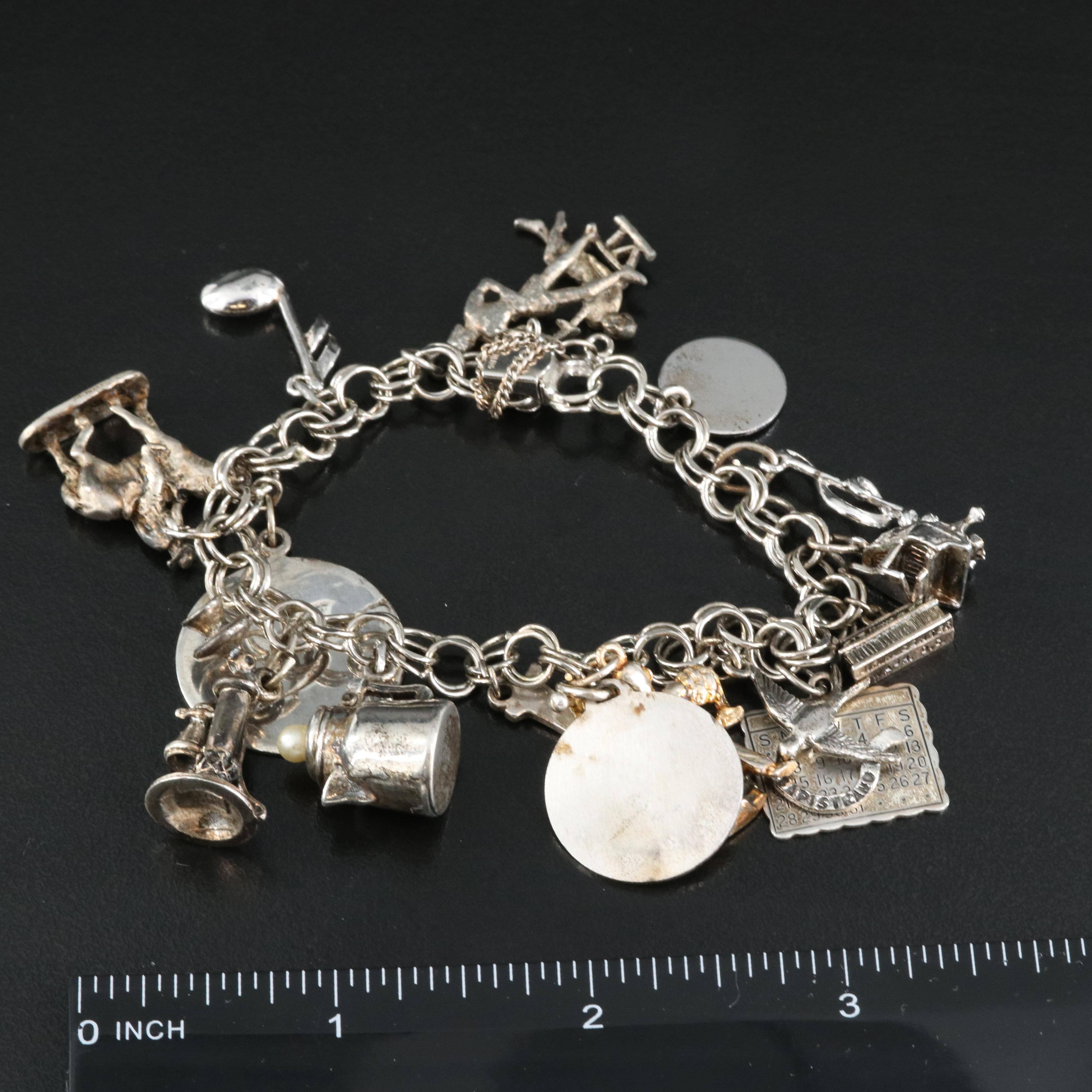 Vintage Silver Charm Bracelet Including Diamond, Rhinestone and Marcasite