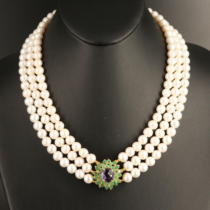 Sterling Pearl, Emerald and Amethyst Necklace