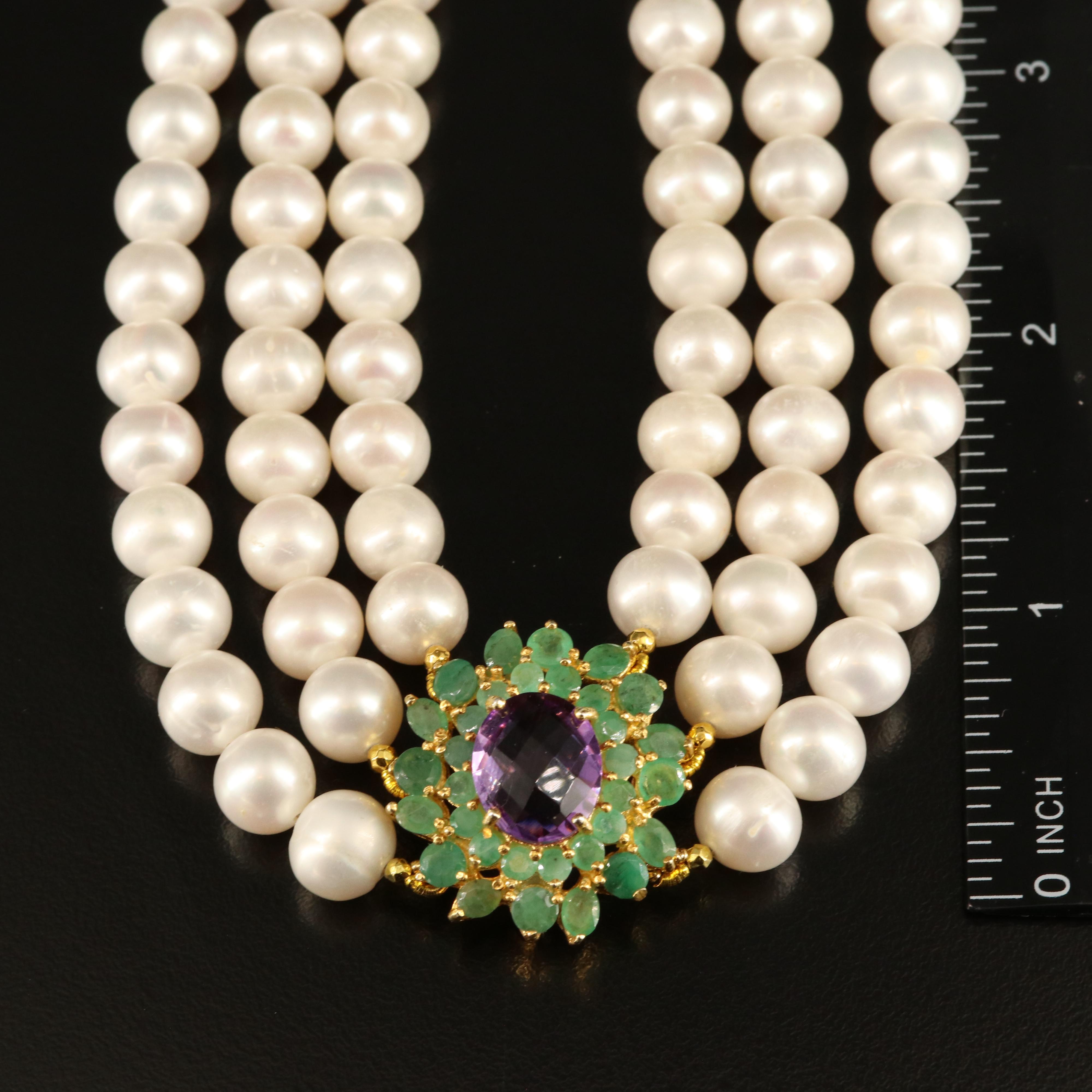 Sterling Pearl, Emerald and Amethyst Necklace