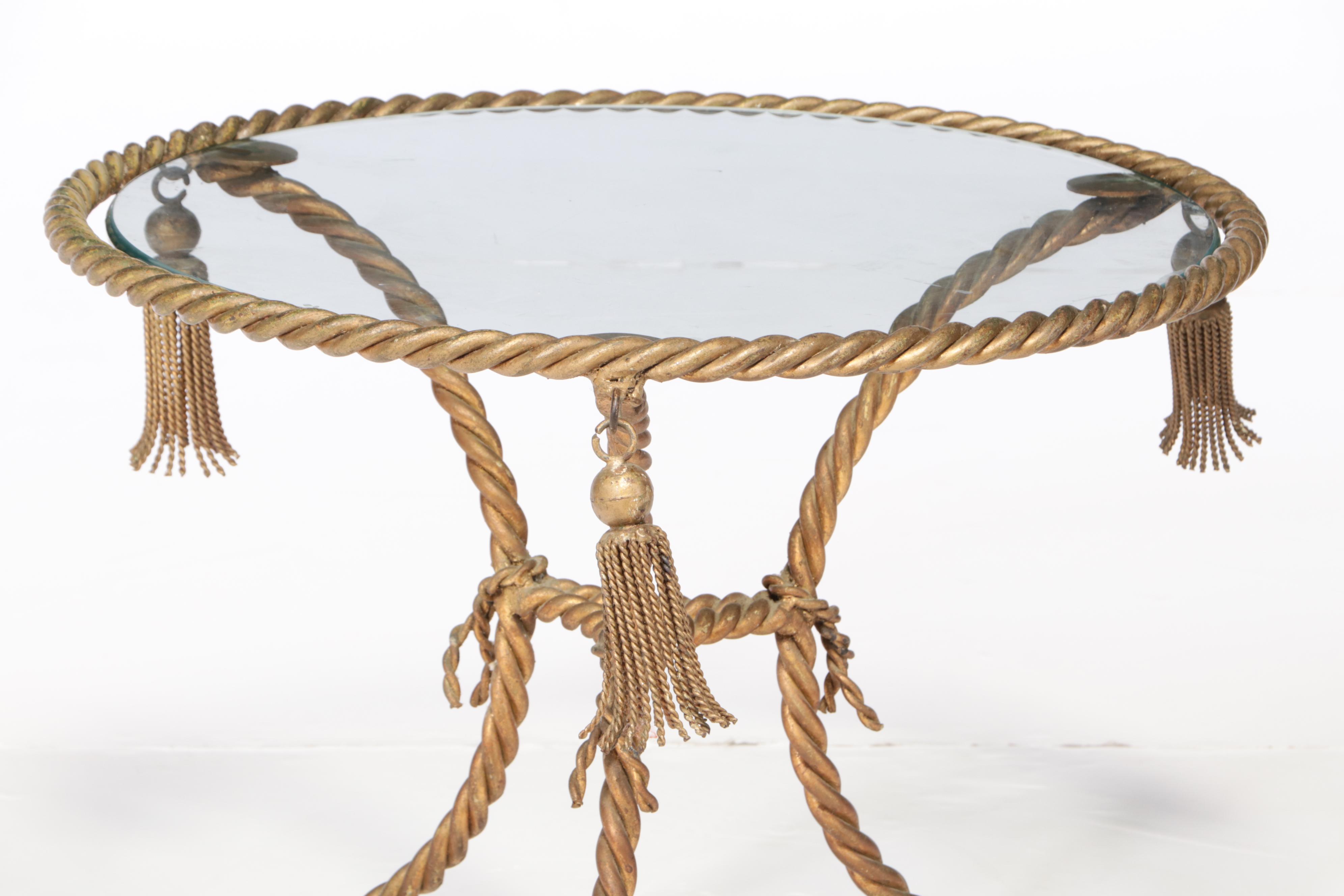 Italian Gilt Metal and Glass Top "Rope Twist" Side Table with Tassels