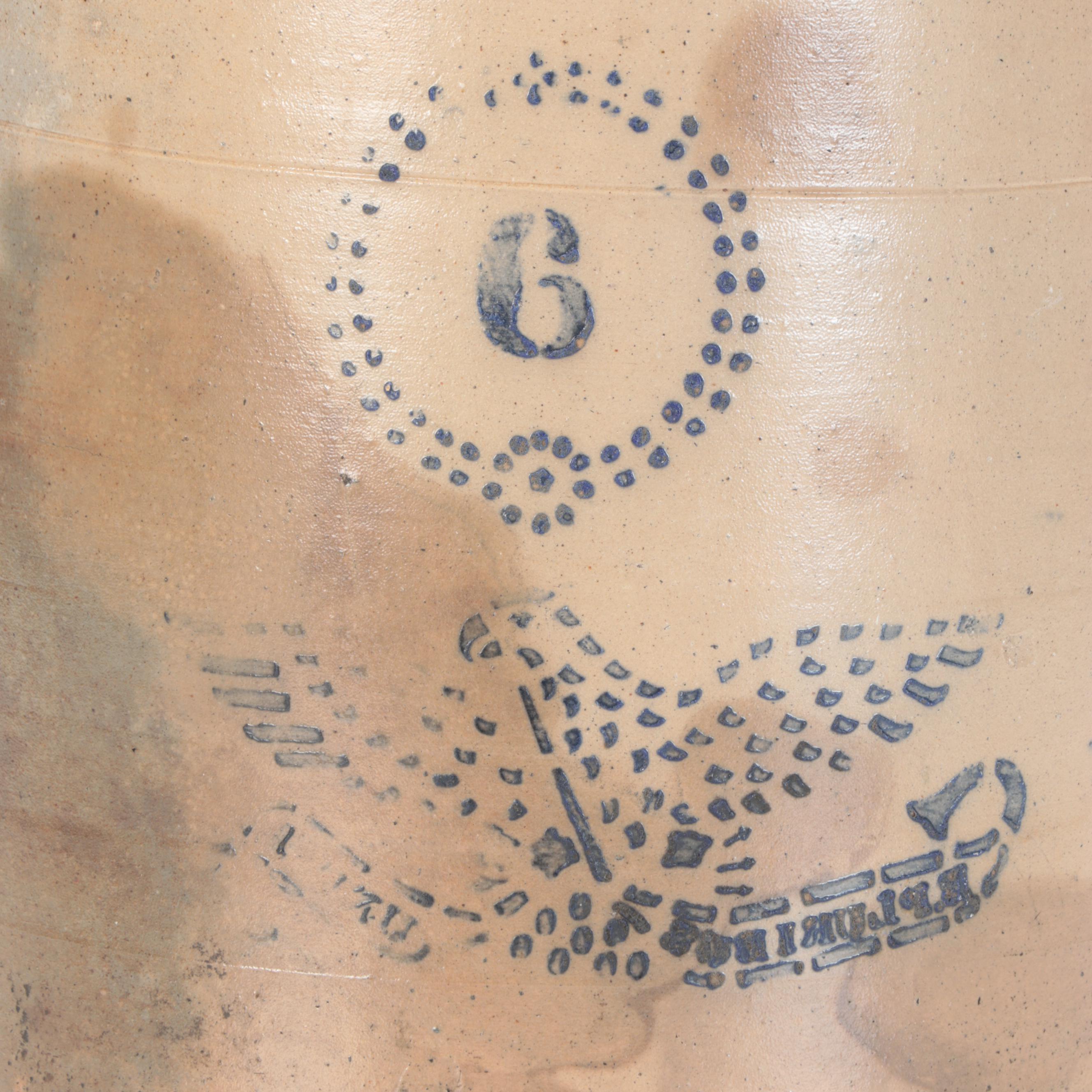 6 Gallon Salt Glaze Stoneware Crock with Stenciled Eagle Design, ca. 1876