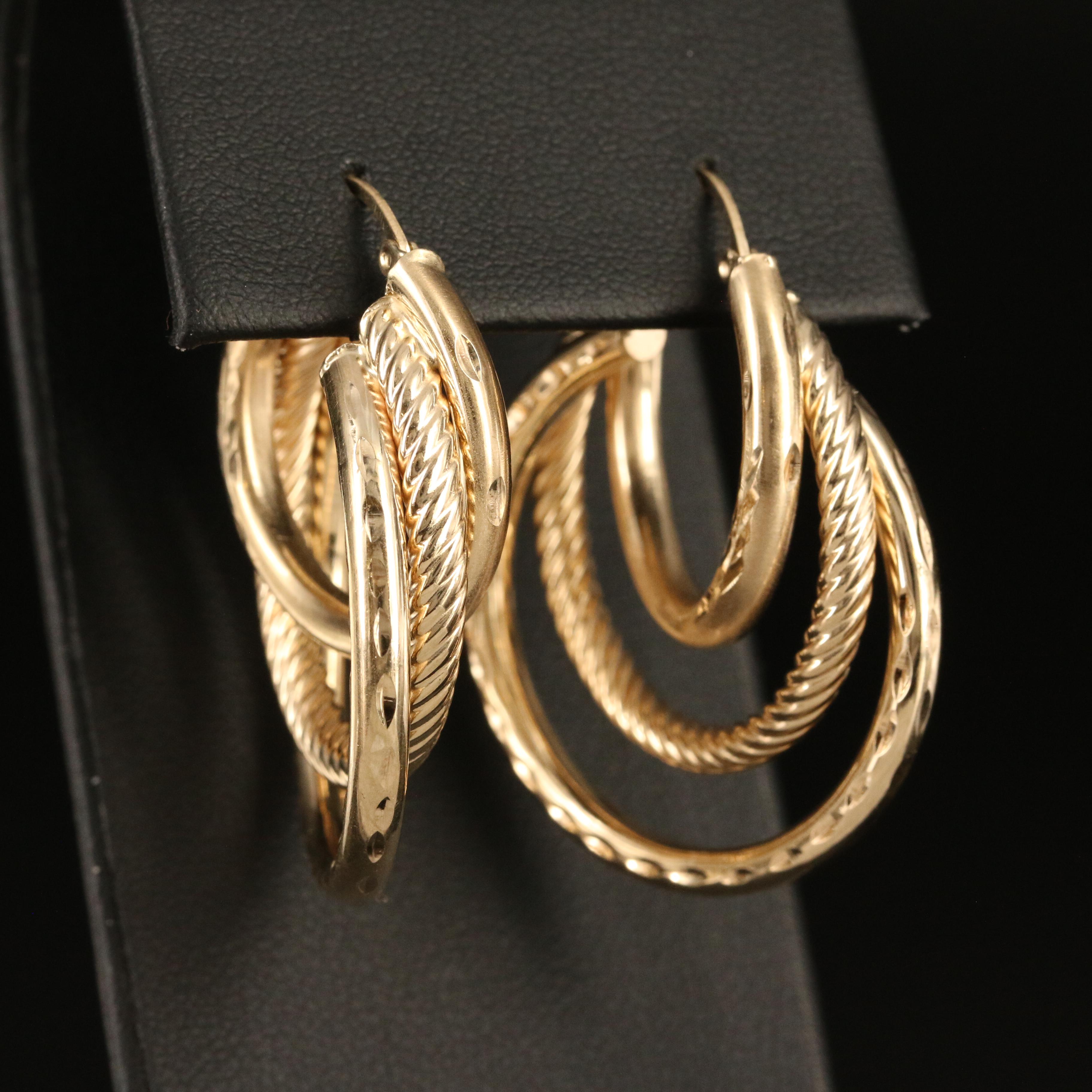 10K Contour Triple-Hoop Earrings with Diamond Cut and Fluted Accents