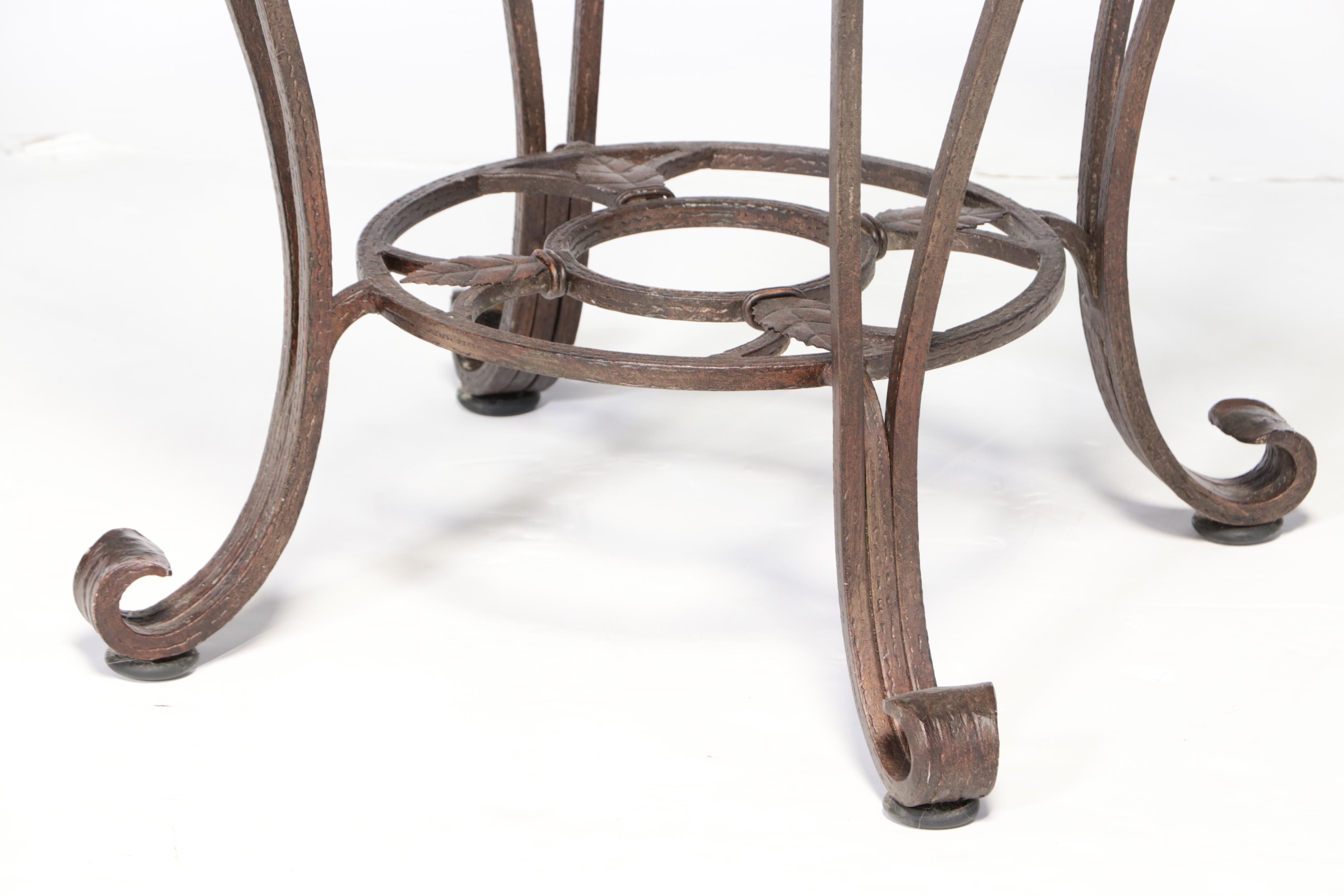 Foliate-Decorated and Bronze-Patinated Iron Side Table with Glass Top