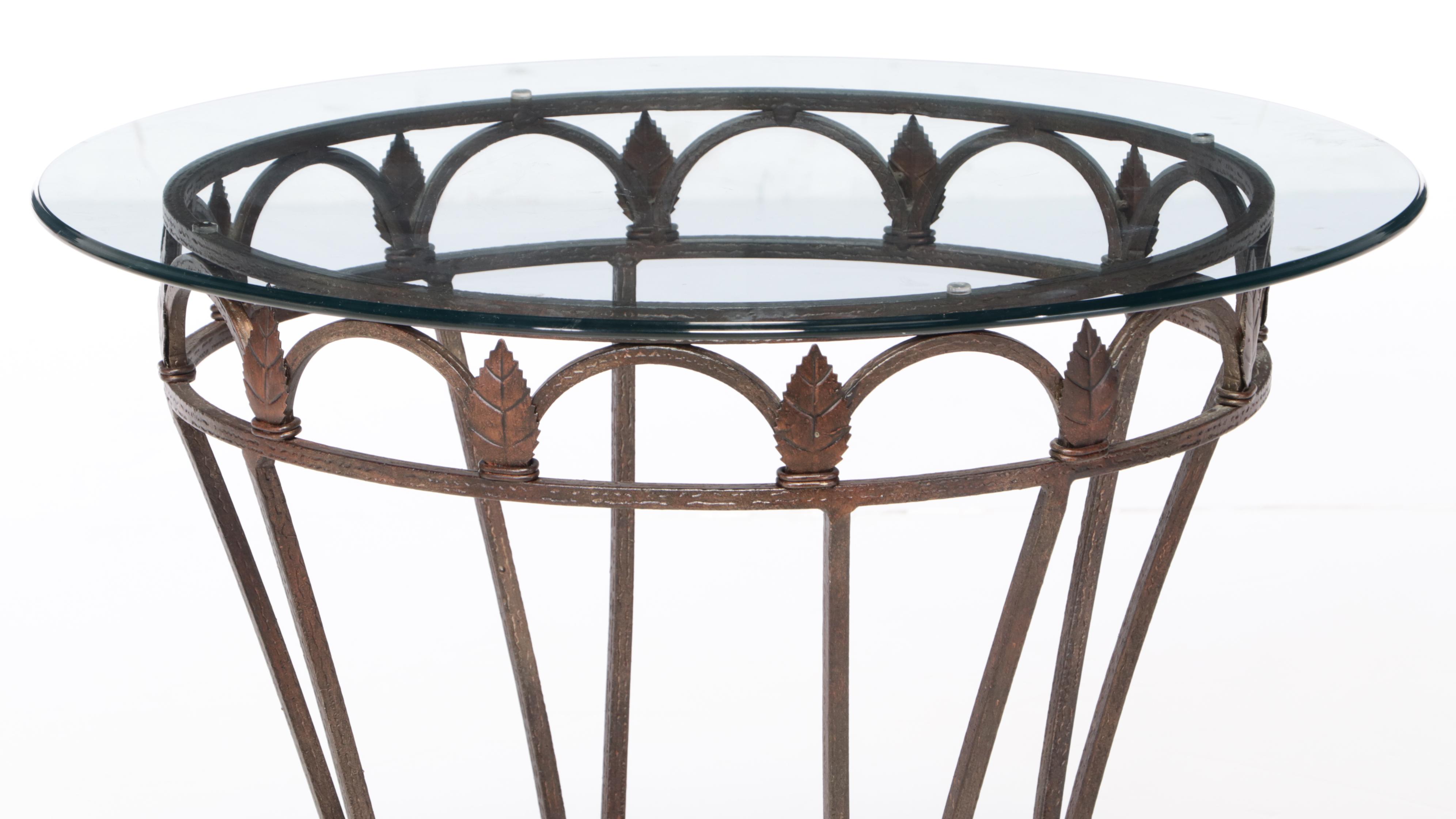 Foliate-Decorated and Bronze-Patinated Iron Side Table with Glass Top