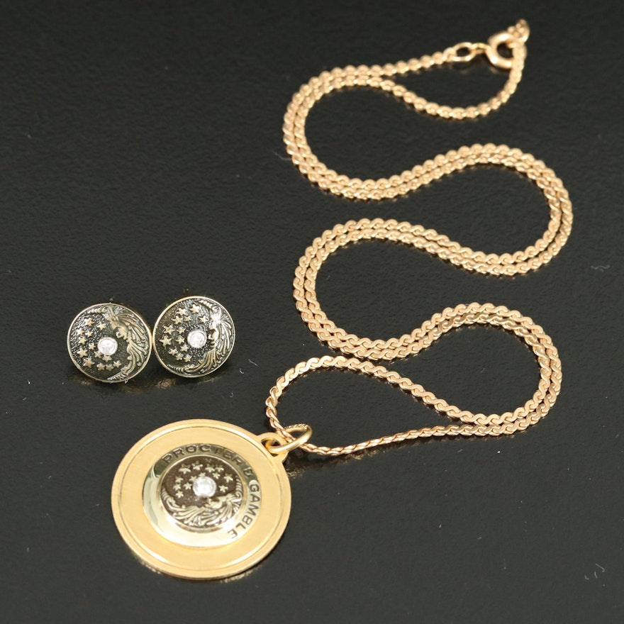 Procter & Gamble Service Necklace and Earrings with 10K Green Gold and Diamonds