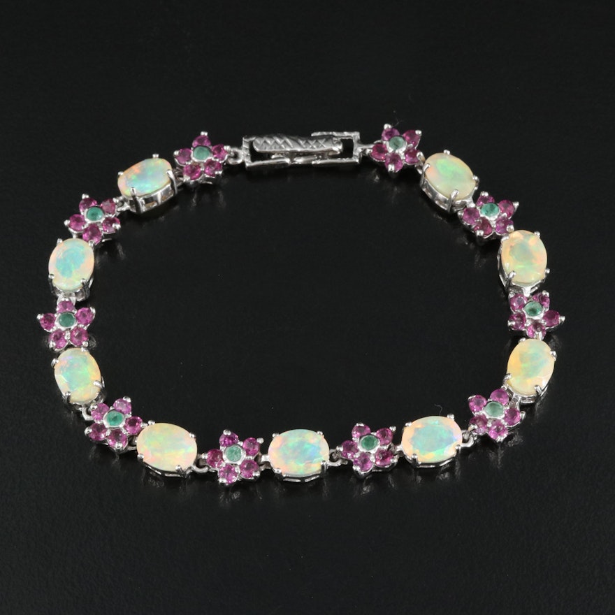 Sterling Opal, Emerald and Rhodolite Garnet Bracelet