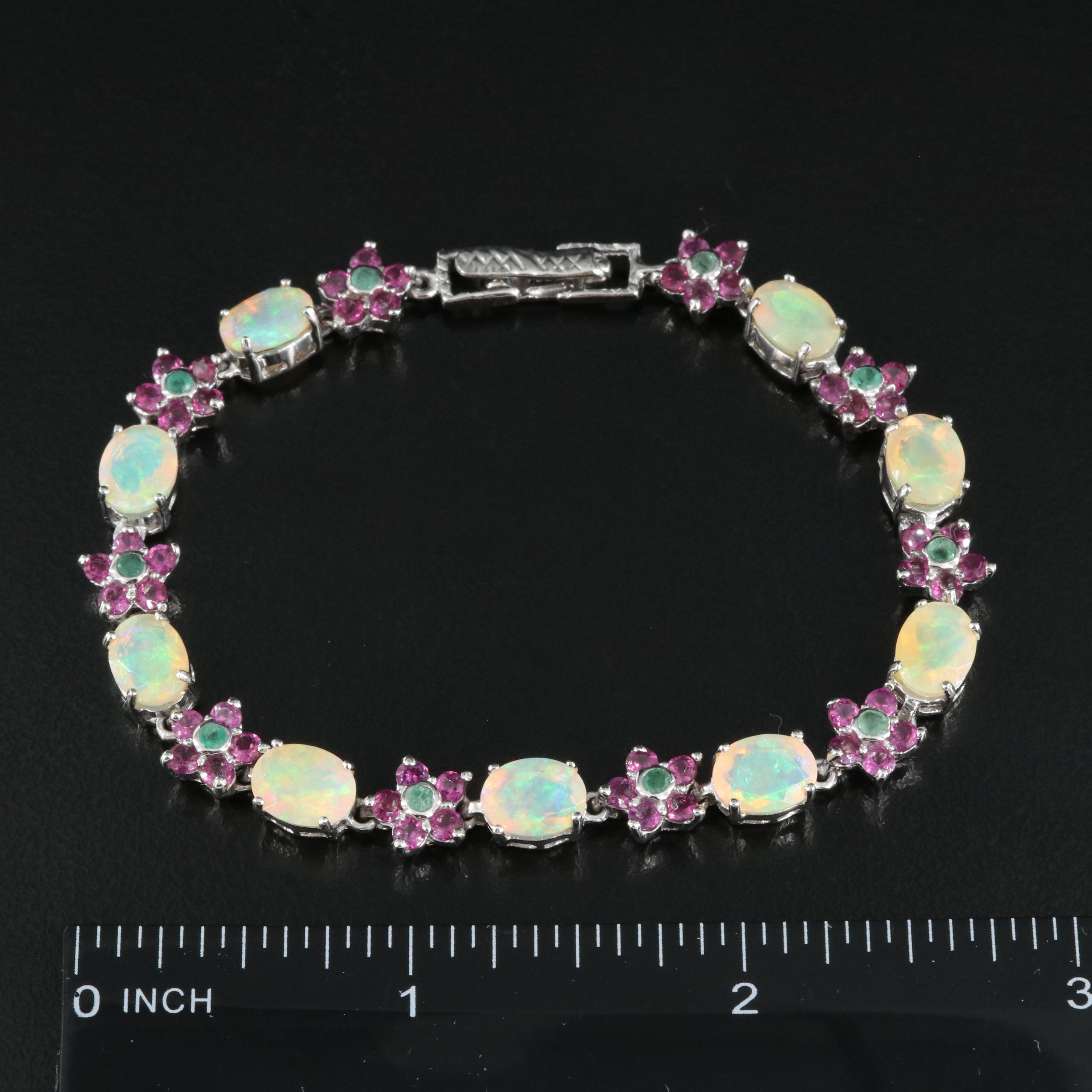 Sterling Opal, Emerald and Rhodolite Garnet Bracelet
