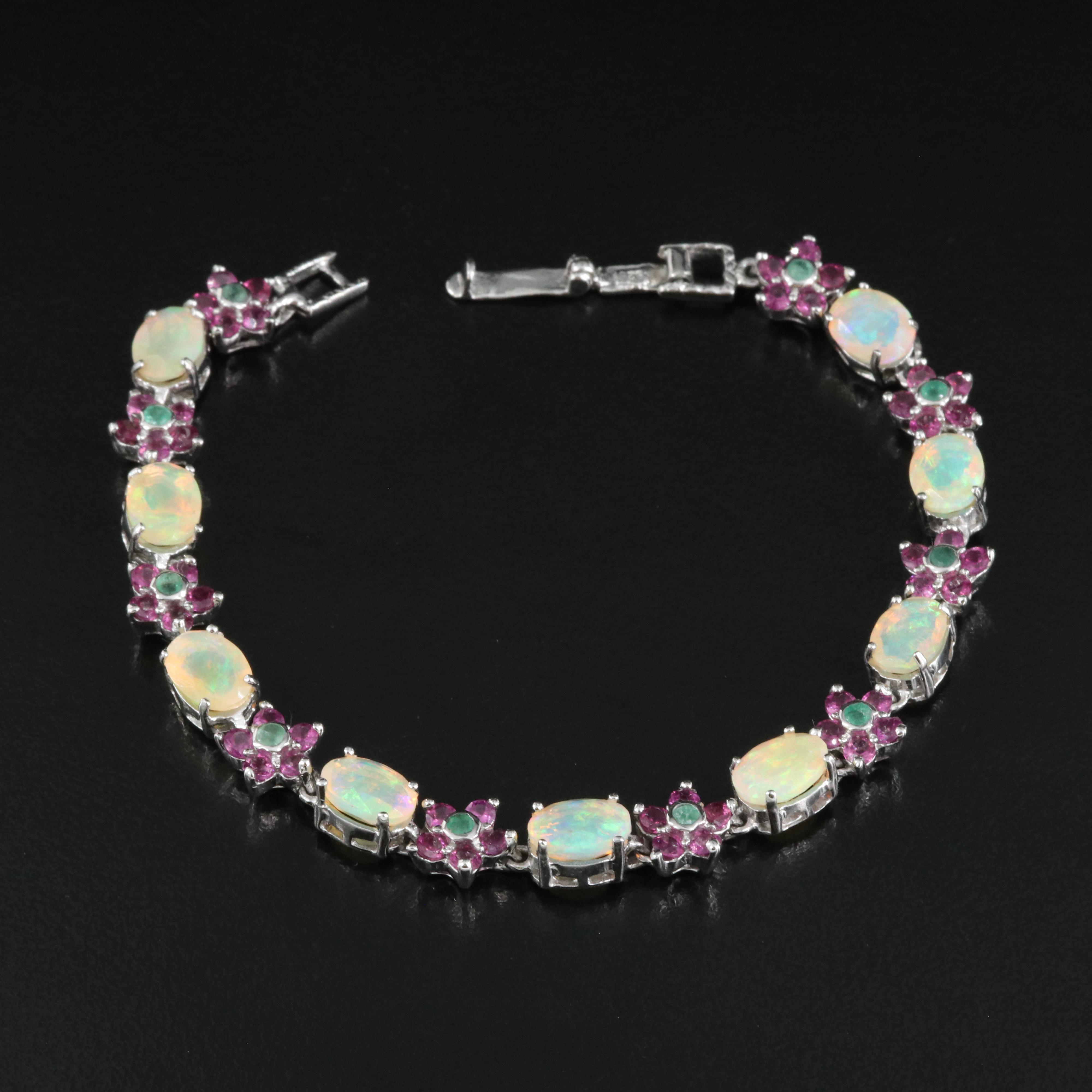 Sterling Opal, Emerald and Rhodolite Garnet Bracelet
