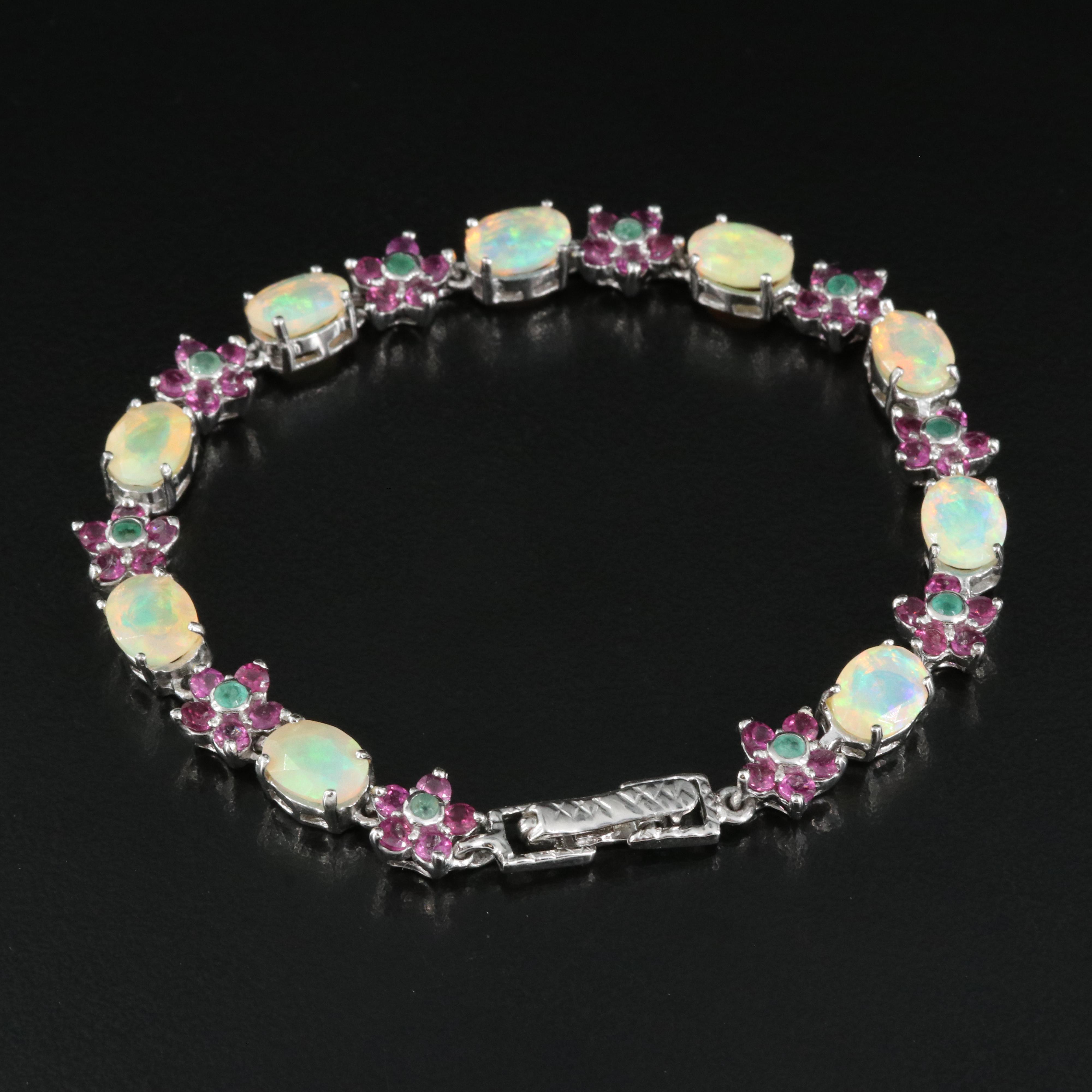 Sterling Opal, Emerald and Rhodolite Garnet Bracelet