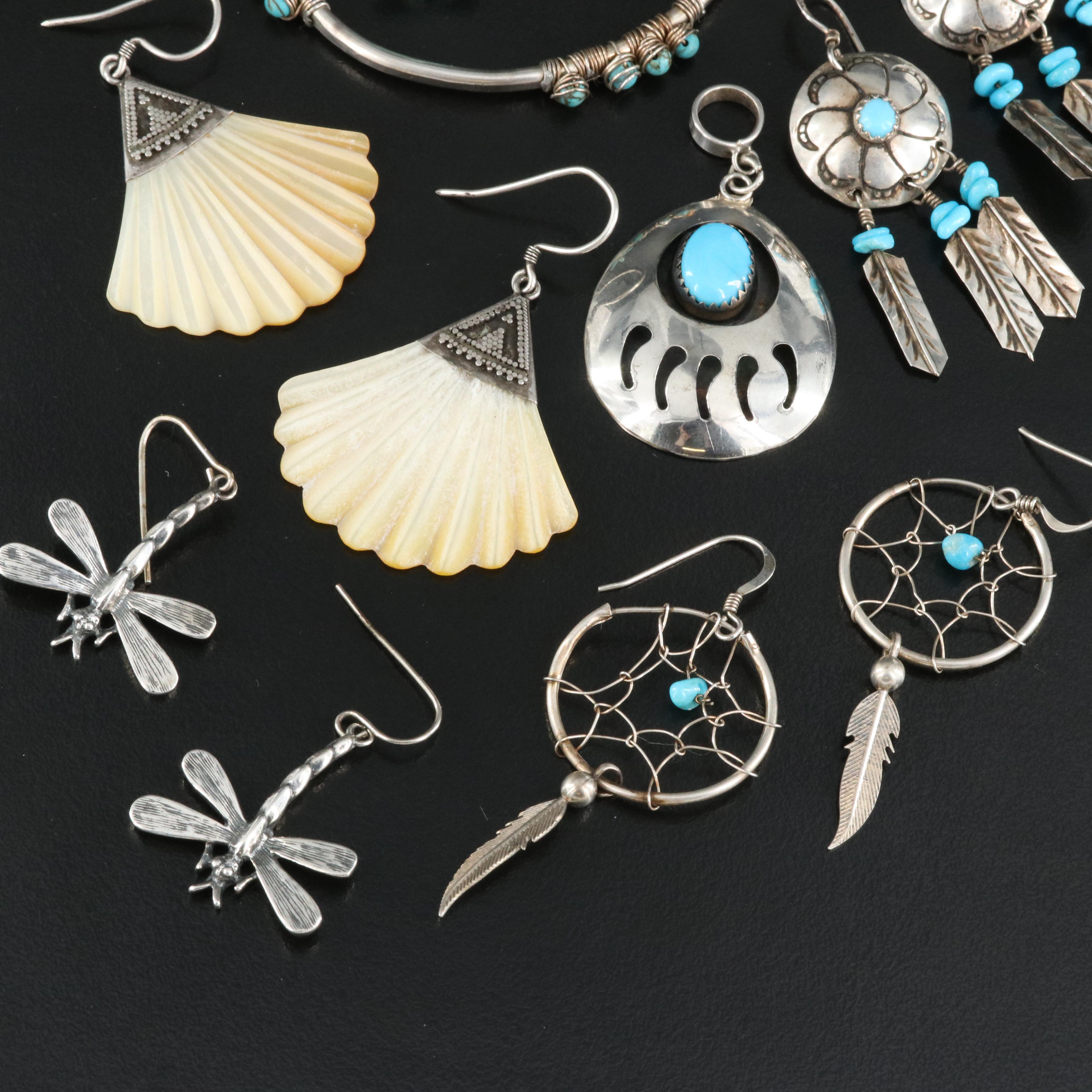 Sterling Grouping Including Mother-of-Pearl, Turquoise and Tiger's Eye