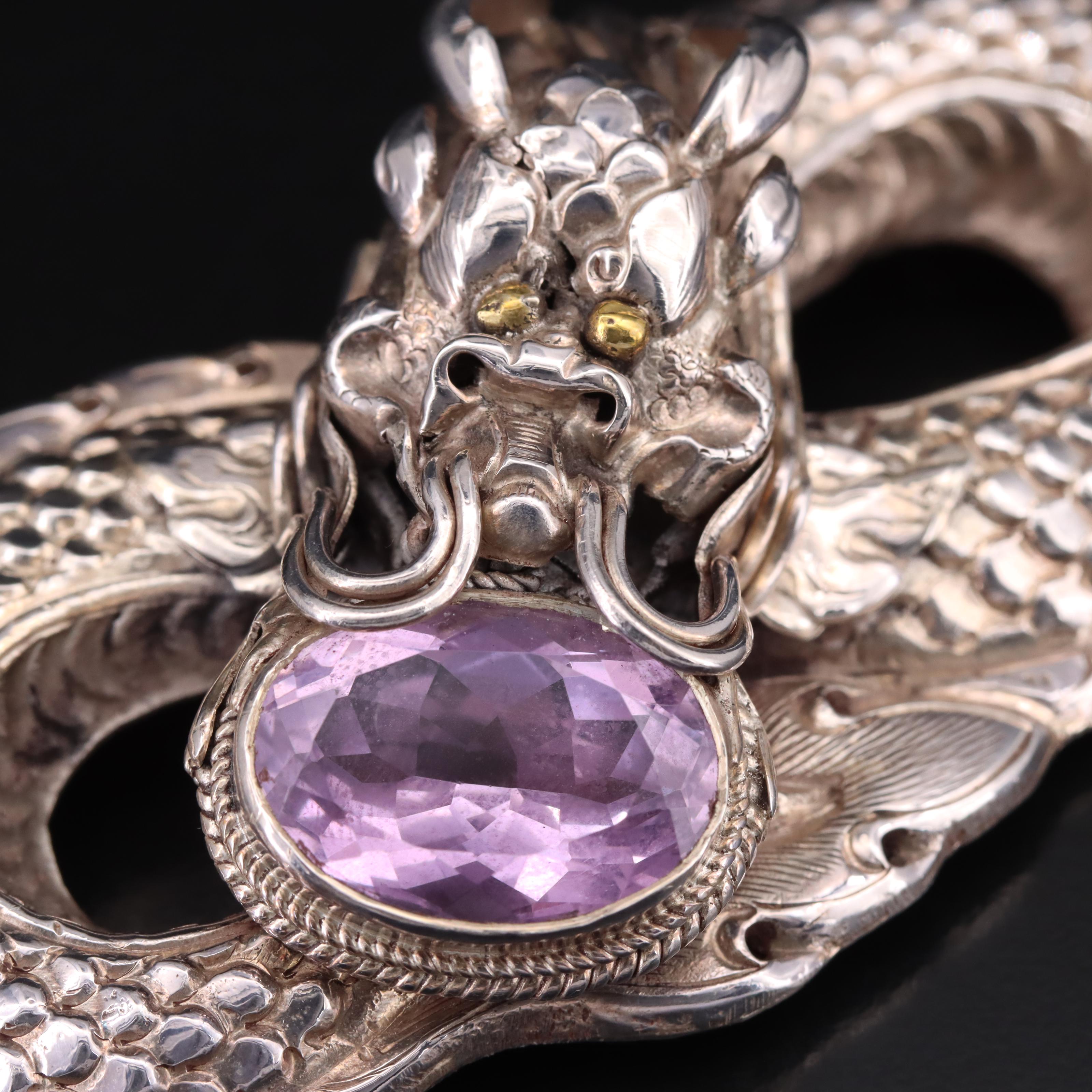 Sterling Amethyst Dragon Brooch